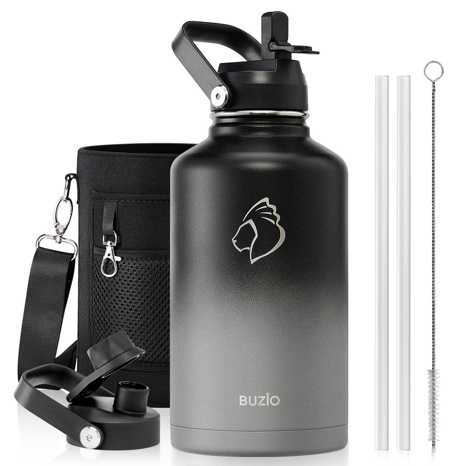 Buzio - Duet Series - 64oz Insulated Water Bottle with Straw Lid and Spout Lid & Carrying Sleeve - Shadow