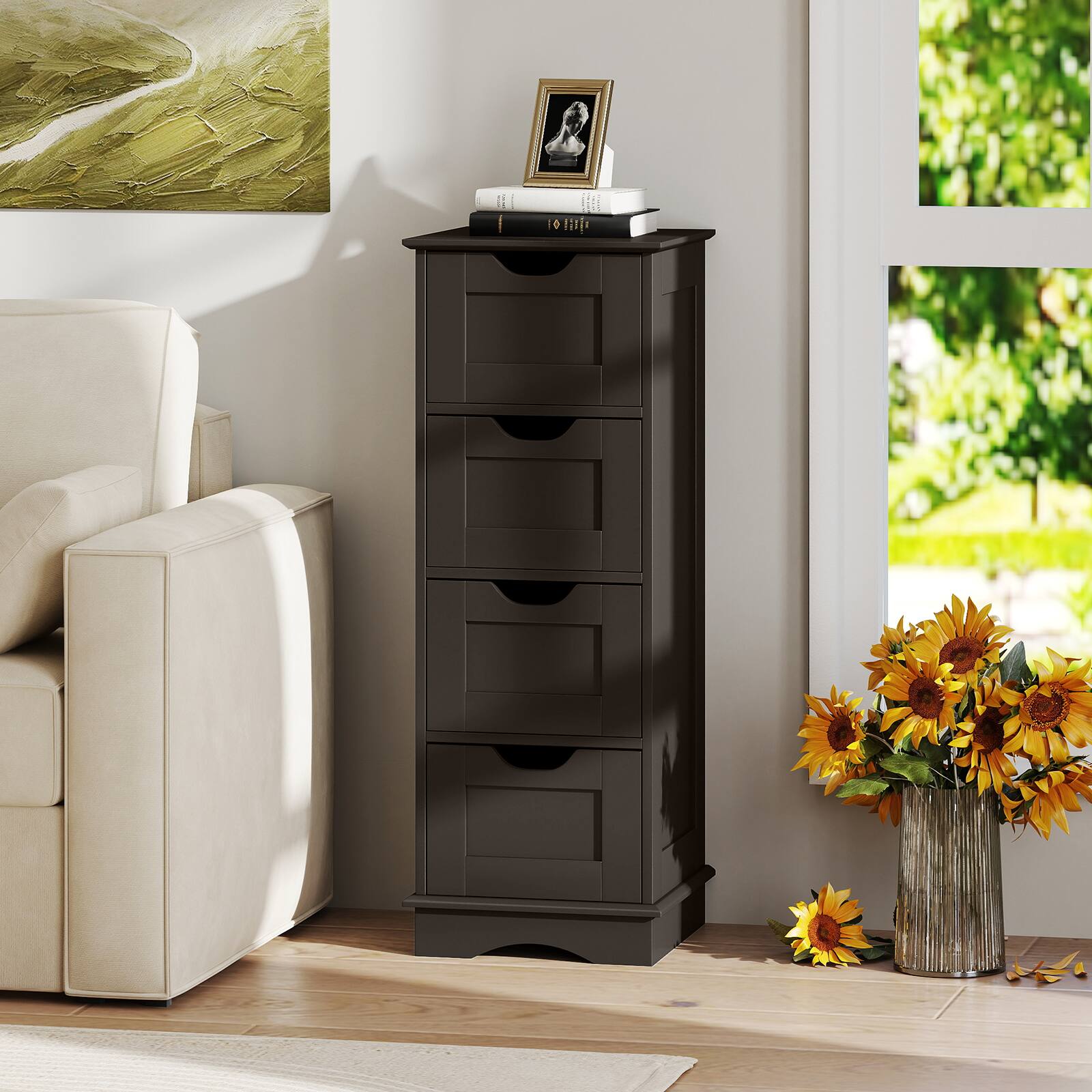Alt View 4. Costway - Costway Bathroom Storage Cabinet with 4 Drawers, Cutout Handles for Hallway, Living Room - Brown.