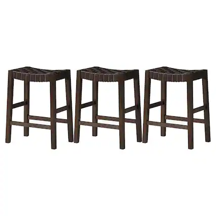 Front. Maven Lane - Maven Lane Emerson Counter Stool, Weathered Brown with Vegan Leather, Set of 3 - Weathered Brown.