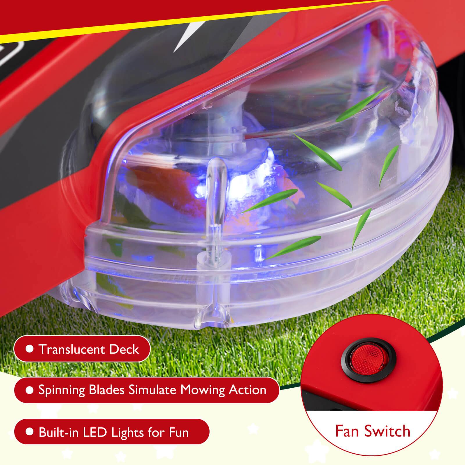 - Translucent Deck
- Spinning Blades Simulate Mowing Action
- Built-in LED Lights for Fun
- Fan Switch