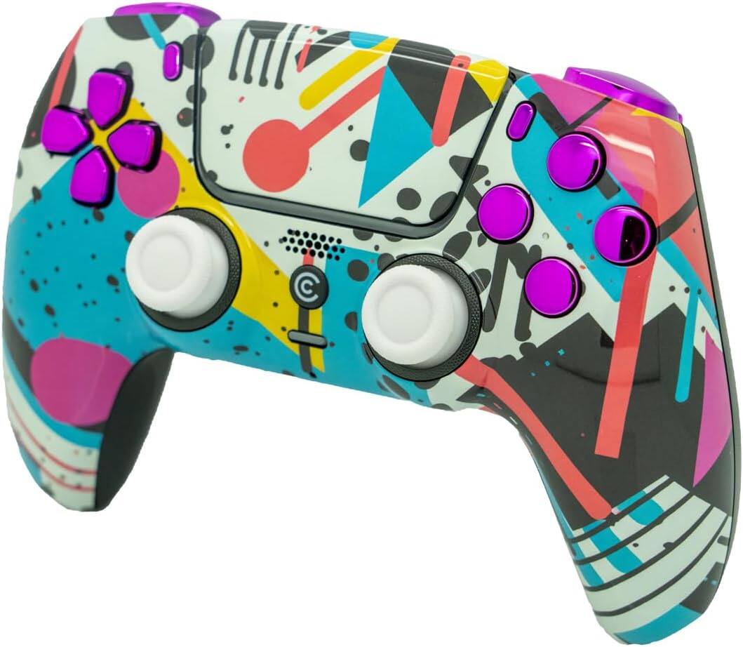 Angle. Custom Controllerzz - Custom Wireless Controller for PS5 - Retro Abstract & Purple Chrome Inserts.