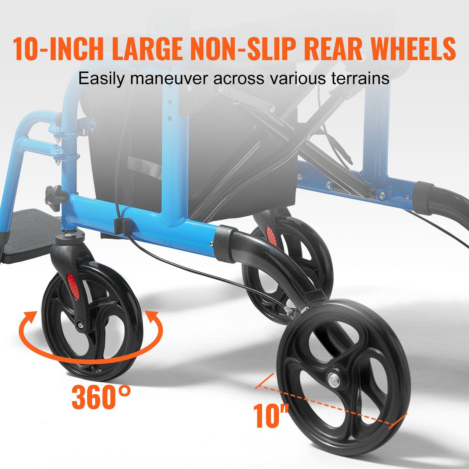 10-INCH LARGE NON-SLIP REAR WHEELS  
Easily maneuver across various terrains  

360°  
10"