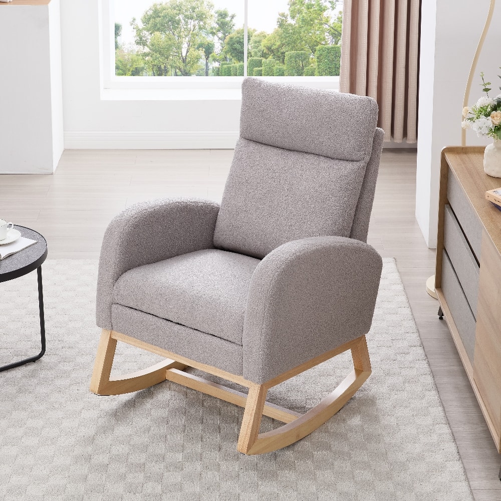 Loheer - Teddy Fabric Nursery Rocking Chair with Adjustable Footstool and Solid Wood Base - Light Gray