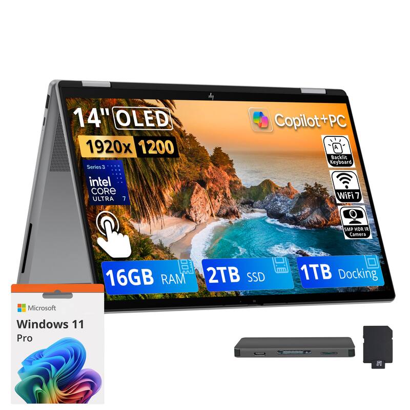 HP - Upgraded - OmniBook X Flip 2-in-1 14" 2K OLED Touch AI Laptop,Ultra 7 355,16GB RAM,2TB SSD+1TB Dock,Backlit,Win 11 Pro - Silver