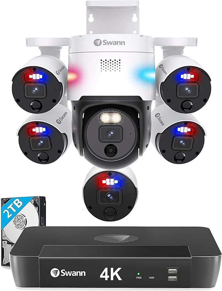 Swann - Professional 8-Channel 5-Bullet 1-Pan Tilt Camera Indoor/Outdoor 12MP 6K & 4K HD 4TB NVR Security Surveillance - White - Front_Zoom