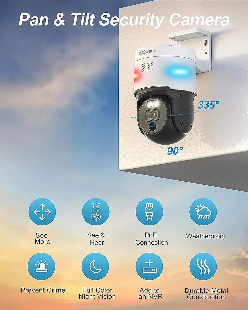 Pan & Tilt Security Camera Swann 335 90 See More See & Hear PoE Weatherproof Connection + Prevent Crime Full Color Night Vision Add to an NVR Durable Metal Construction