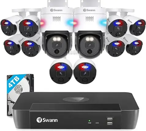 The image features a variety of Swann security cameras and a 4TB hard drive. There are multiple cameras in different positions, including some that are attached to the hard drive. The cameras are designed to provide surveillance and security for various locations. The hard drive serves as a storage device for the recorded footage from the cameras.