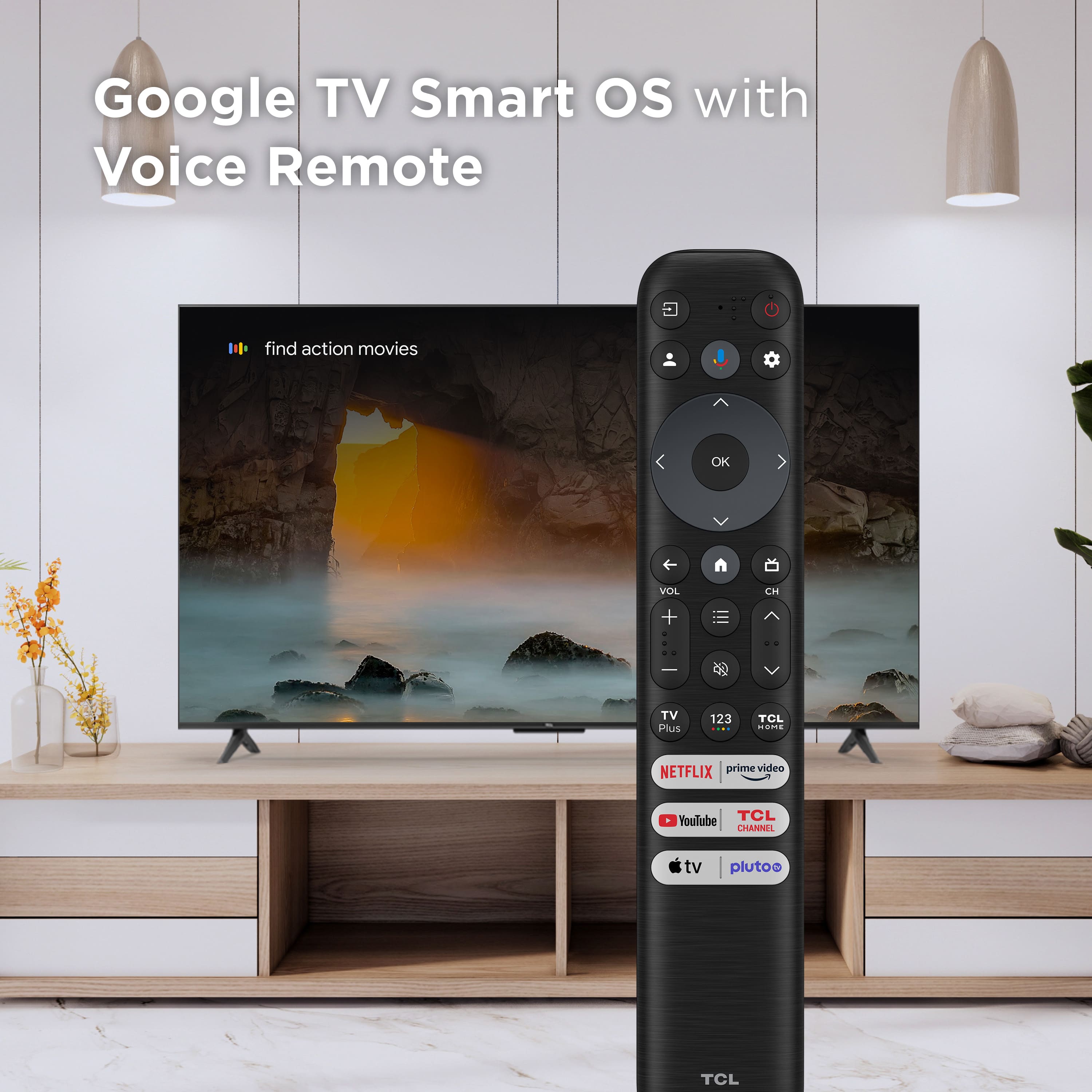 The image features a large flat screen TV with Google TV Smart OS and Voice Remote. The TV is displaying a movie scene, and there is a remote control in front of it. The remote control has various buttons, including a Netflix button, a Prime Video button, and a YouTube button. The TV is placed on a wooden stand, and there is a potted plant nearby.