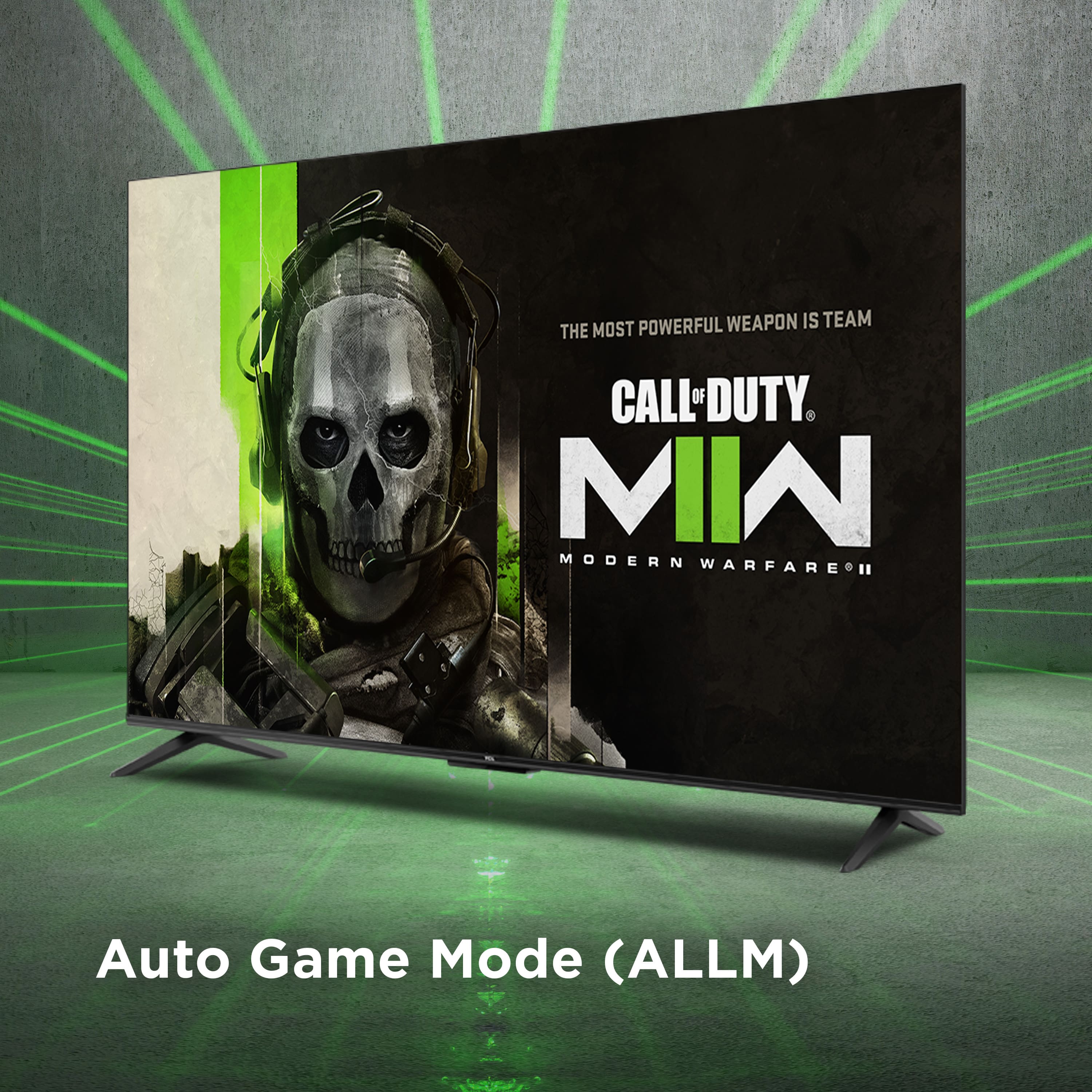 The image features a large flat screen TV with a Call of Duty advertisement displayed on it. The advertisement showcases a skeleton wearing a gas mask, emphasizing the powerful weapon in the game. The TV is placed on a stand, and the advertisement is promoting the Modern Warfare game. The TV is turned on, and the advertisement is clearly visible, making it an effective marketing tool for the game.