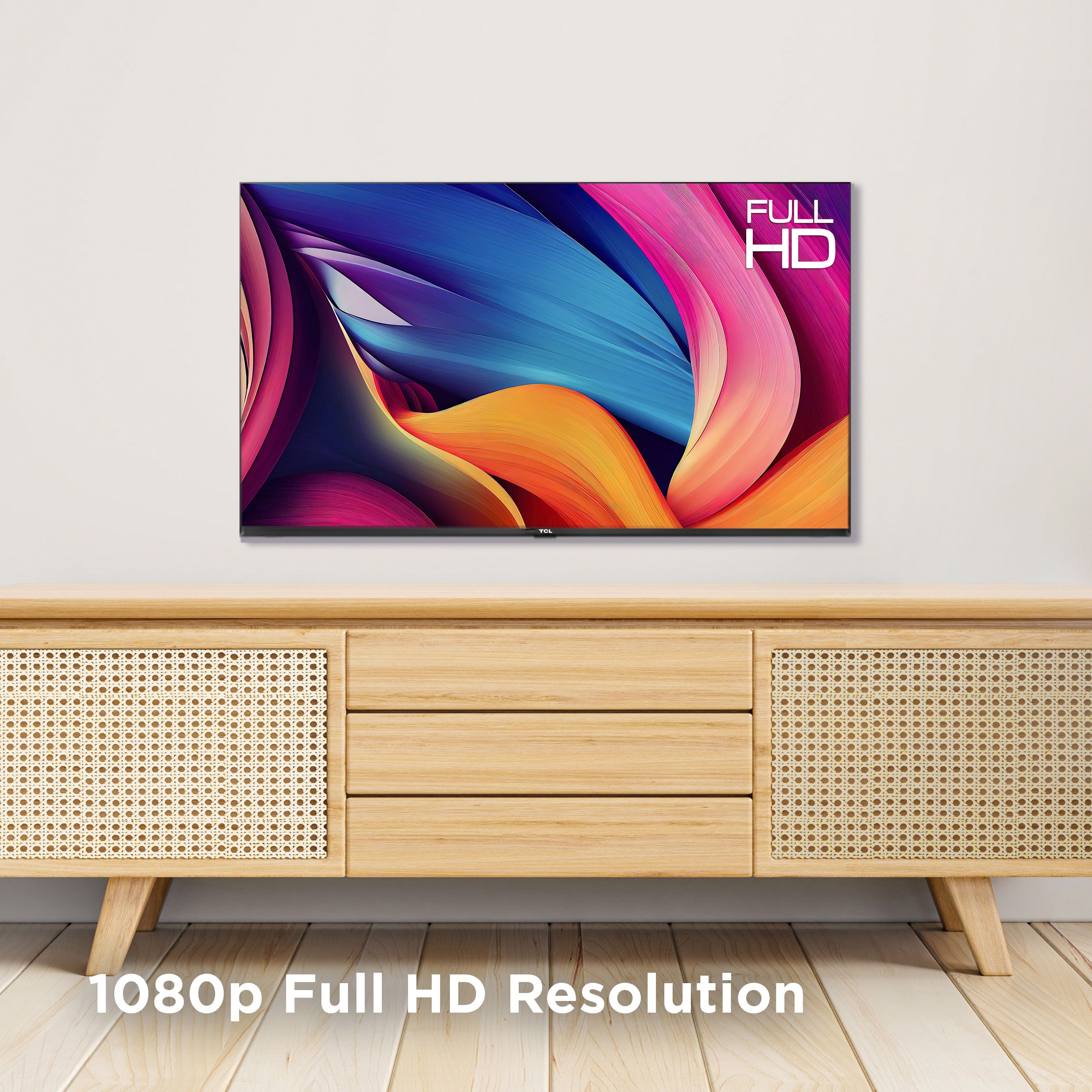 The image features a large flat screen TV mounted on a wall. The TV has a Full HD resolution of 1080p, providing a high-quality viewing experience. The TV is positioned on a wooden stand, which adds a touch of elegance to the room. The overall scene is well-lit, creating a comfortable and inviting atmosphere.