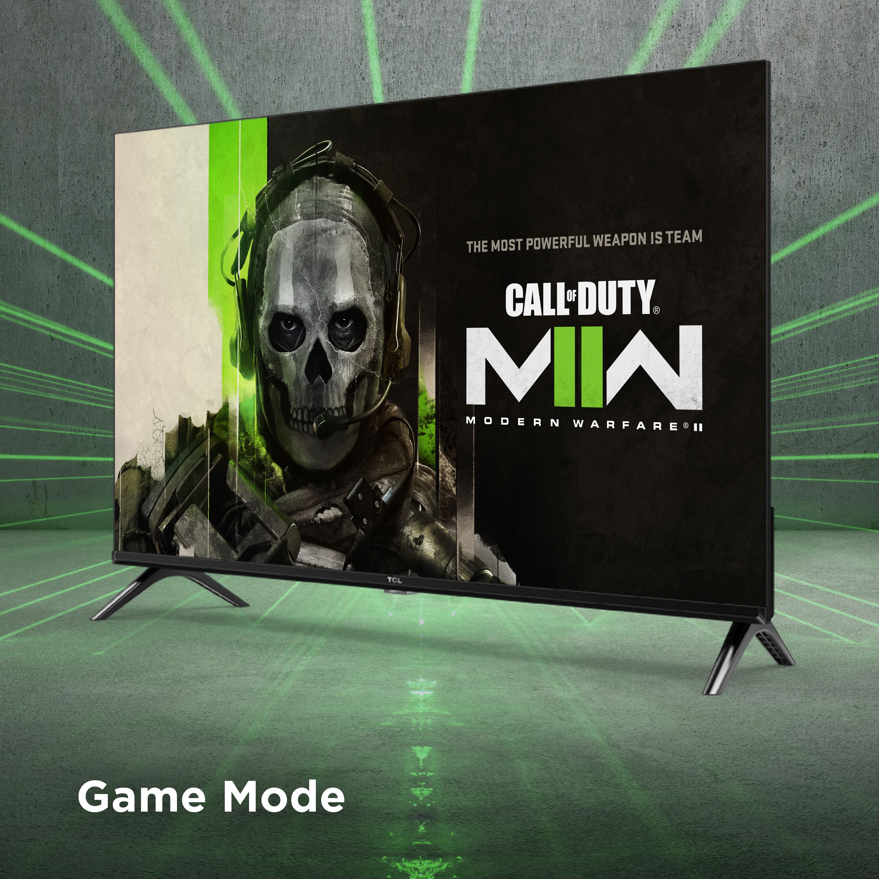The image features a large flat screen TV with a Call of Duty advertisement displayed on it. The advertisement showcases a skeleton wearing a gas mask, emphasizing the powerful weapon in the game. The TV is prominently placed in the scene, and the advertisement is the main focus of the image.