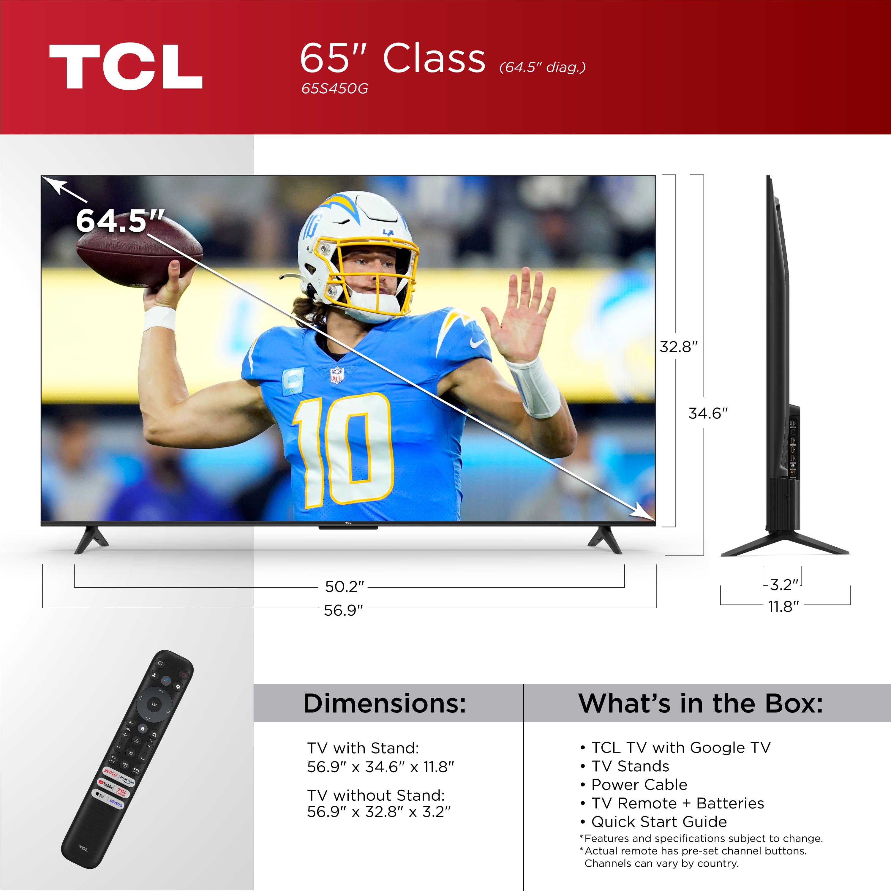 The image features a TCL 65-inch Class (64.5" diag.) 65S450G television, which is the largest television in the scene. The TV is placed on a stand, and it has a remote control and batteries nearby. The dimensions of the television are 56.9" x 34.6" x 11.8" when it is on a stand, and 56.9" x 32.8" x 3.2" when it is not on a stand. The television also comes with Google TV, making it a versatile and convenient option for entertainment.