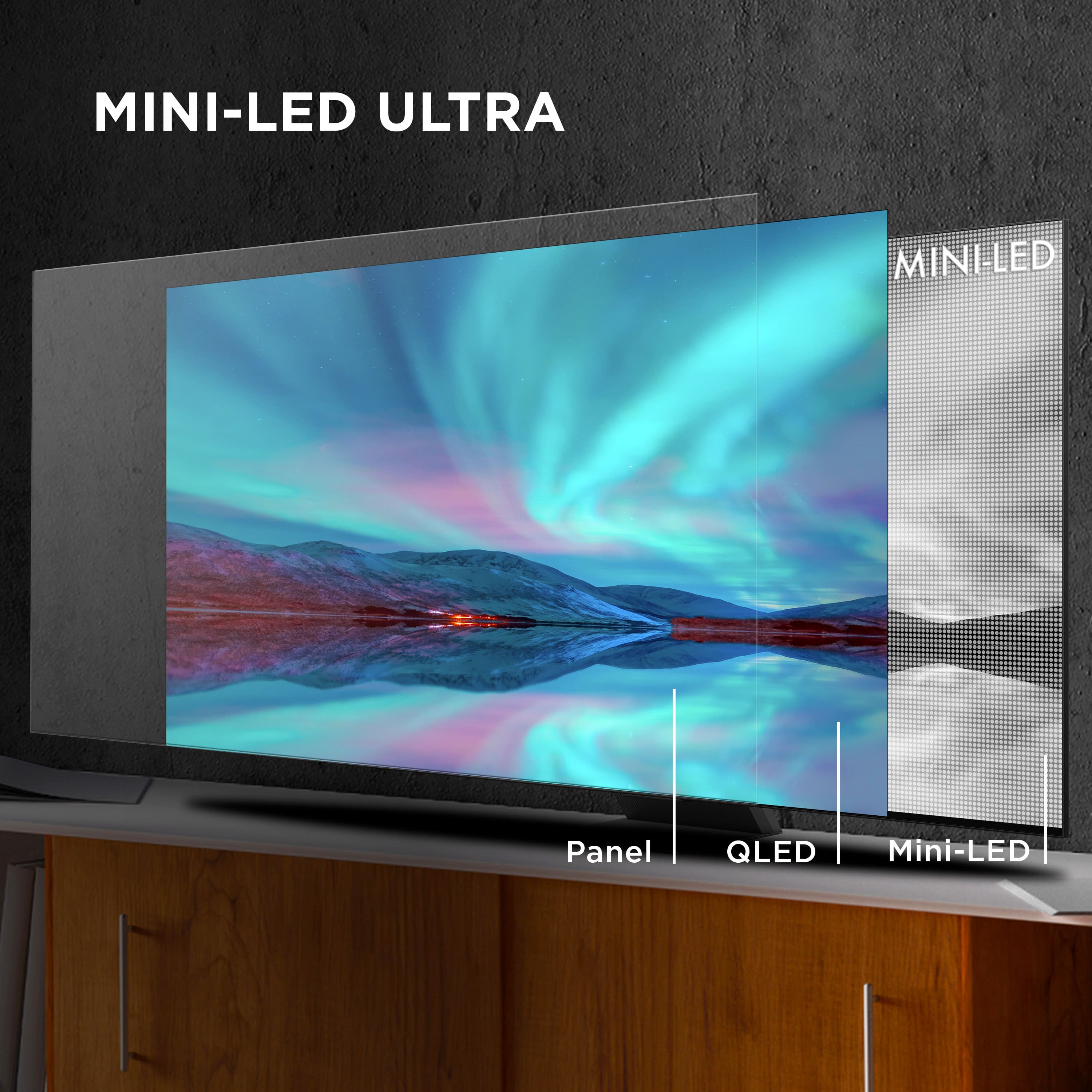 The image features a large flat screen TV with a stunning display of the northern lights. The TV is described as a MINI-LED ULTRA, which indicates that it has advanced technology and high-quality visuals. The TV is placed on a wooden cabinet, and the screen is prominently displayed, capturing the viewer's attention.