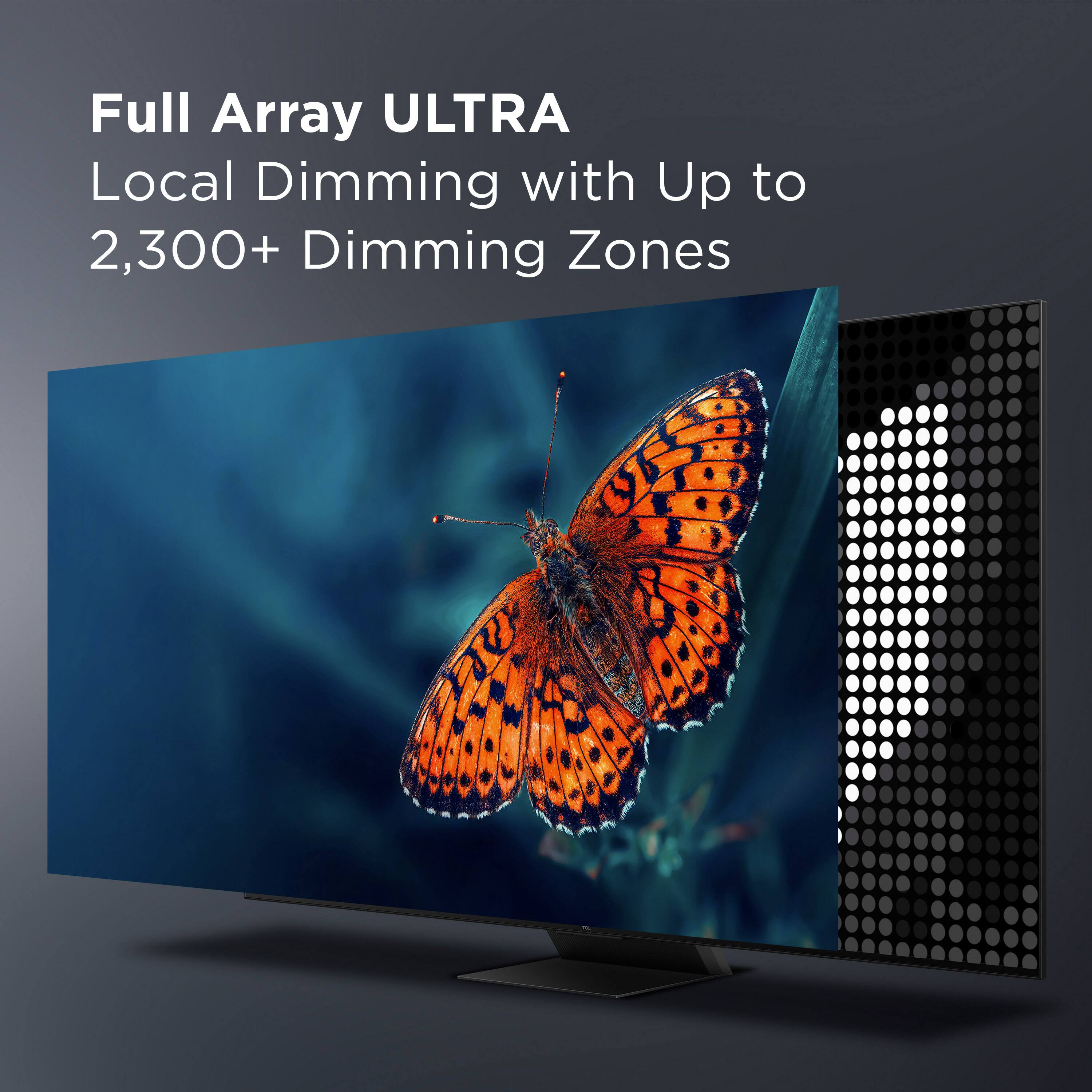 The image features a large flat-screen TV with a butterfly on the screen. The TV is advertised as having Full Array ULTRA Local Dimming with Up to 2,300+ Dimming Zones. This advanced technology allows for precise control of the screen's brightness and contrast, providing an enhanced viewing experience with richer colors and deeper blacks. The butterfly on the screen serves as an eye-catching visual element to showcase the capabilities of the TV.