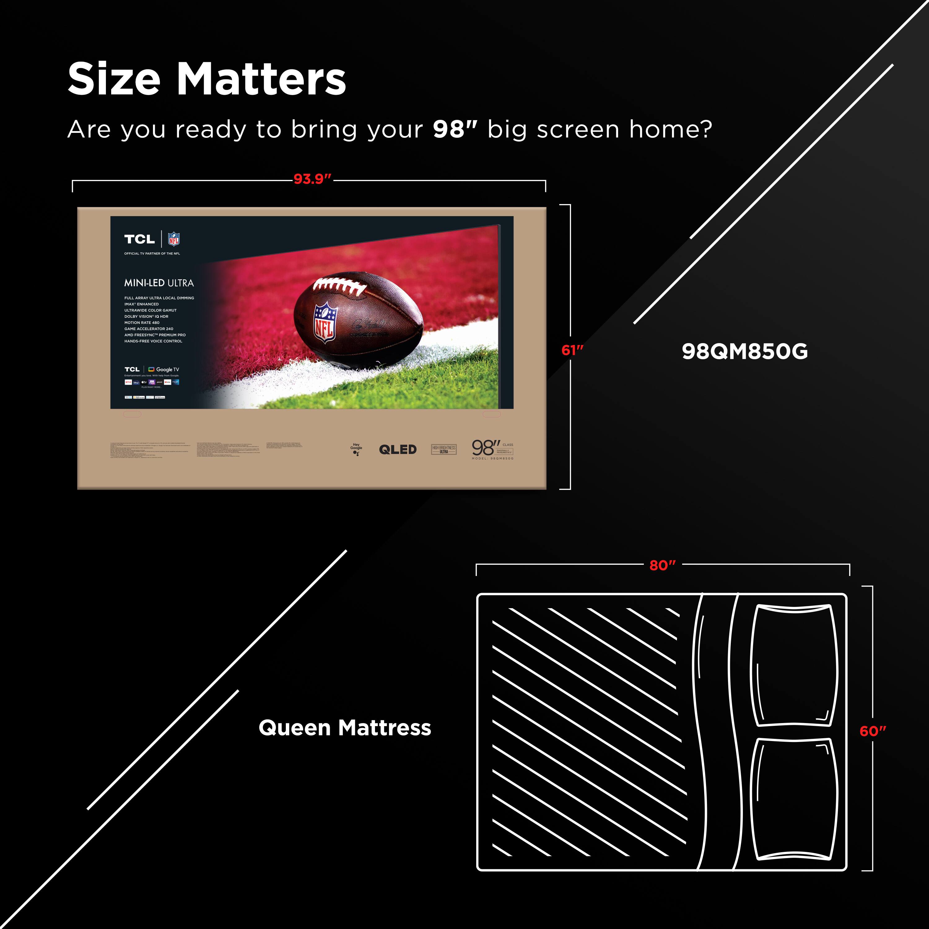 Size Matters: Are you ready to bring your 98" big screen home? 93.9" TCL | 80" Queen Mattress | 60"