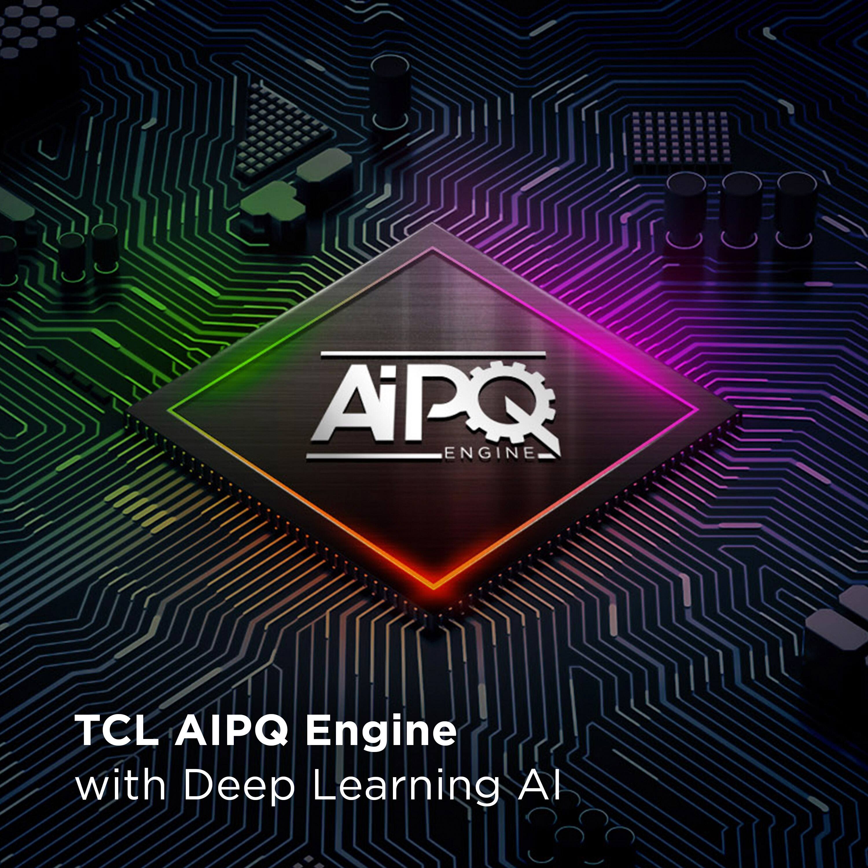 The image features a circuit board with a logo for TCL AIPQ Engine. The logo is surrounded by various electronic components, such as capacitors and resistors, which are arranged in a grid pattern. The image also includes a small clock in the upper left corner.