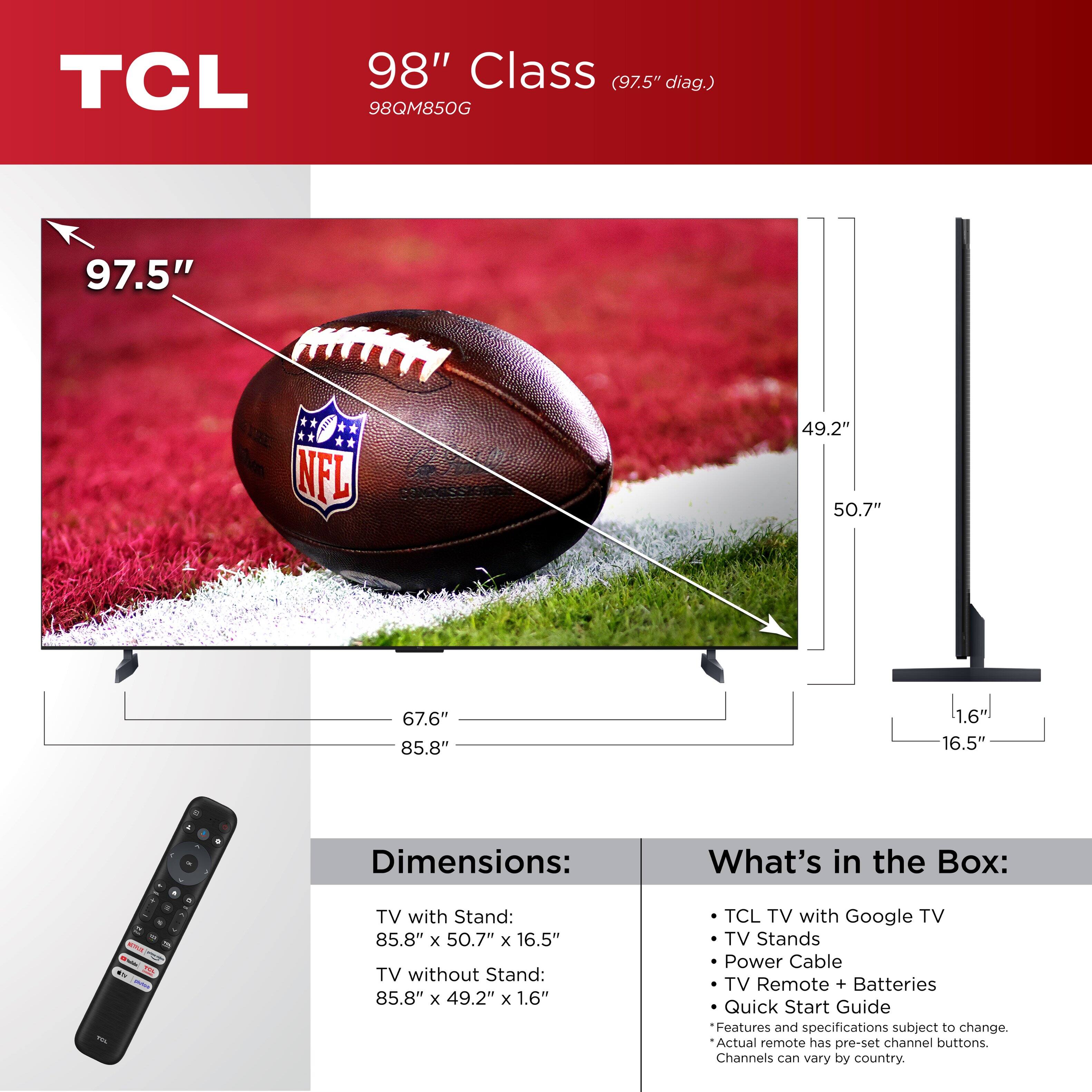 The image features a large TCL 98" Class (97.5" diag.) 98QM850G television, which is the main focus of the image. The TV is displayed in a box, and the dimensions of the TV are provided, including the diagonal length of 97.5 inches. The image also shows a remote control and a battery, indicating that the TV comes with a remote and batteries. The TV is described as having Google TV, which suggests that it is a smart TV with access to various streaming services and content. The image emphasizes the size of the TV and its features, making it an attractive option for those looking for a large screen television.
