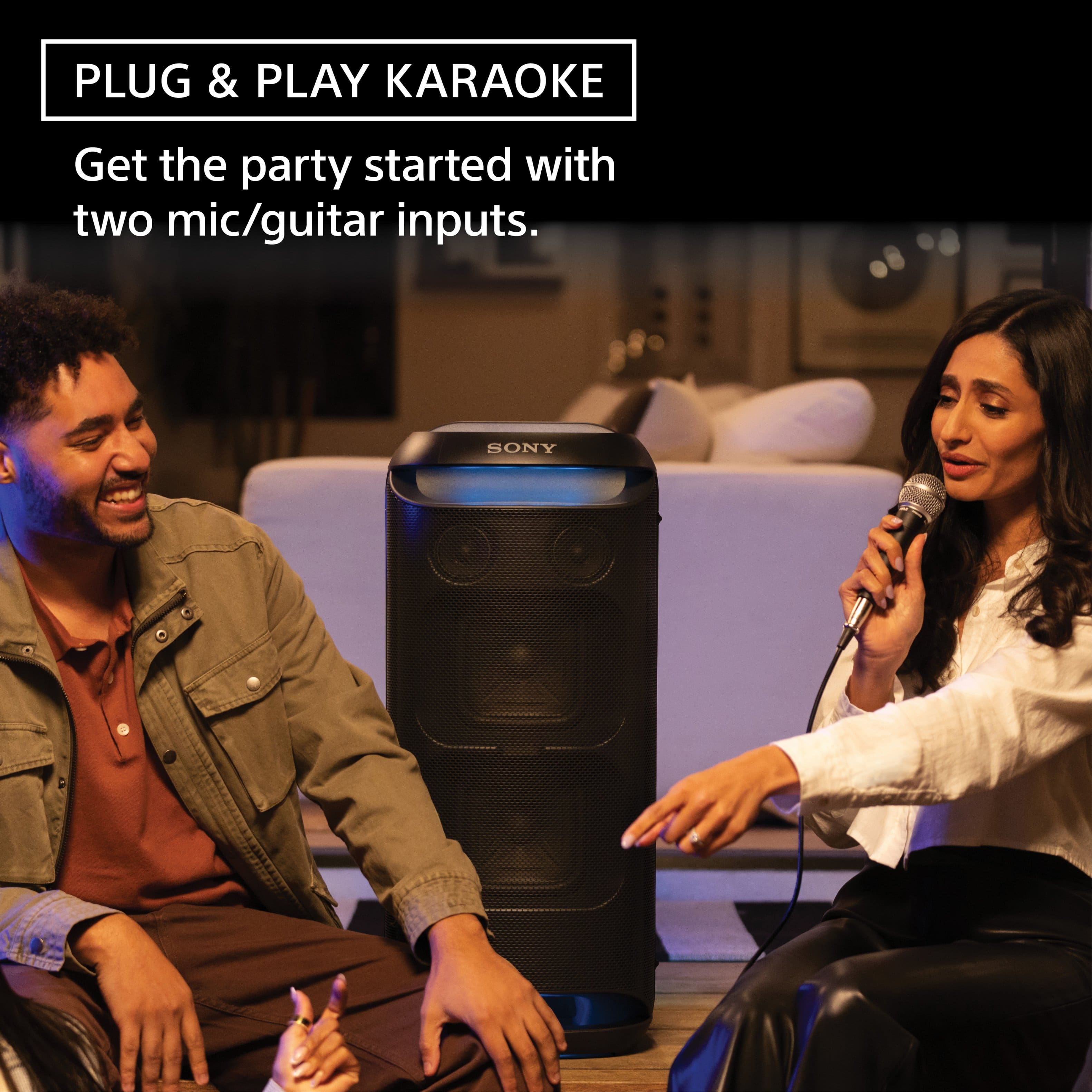 The text on the image reads: "Plug & Play Karaoke Get the party started with two mic/guitar inputs Sony."
