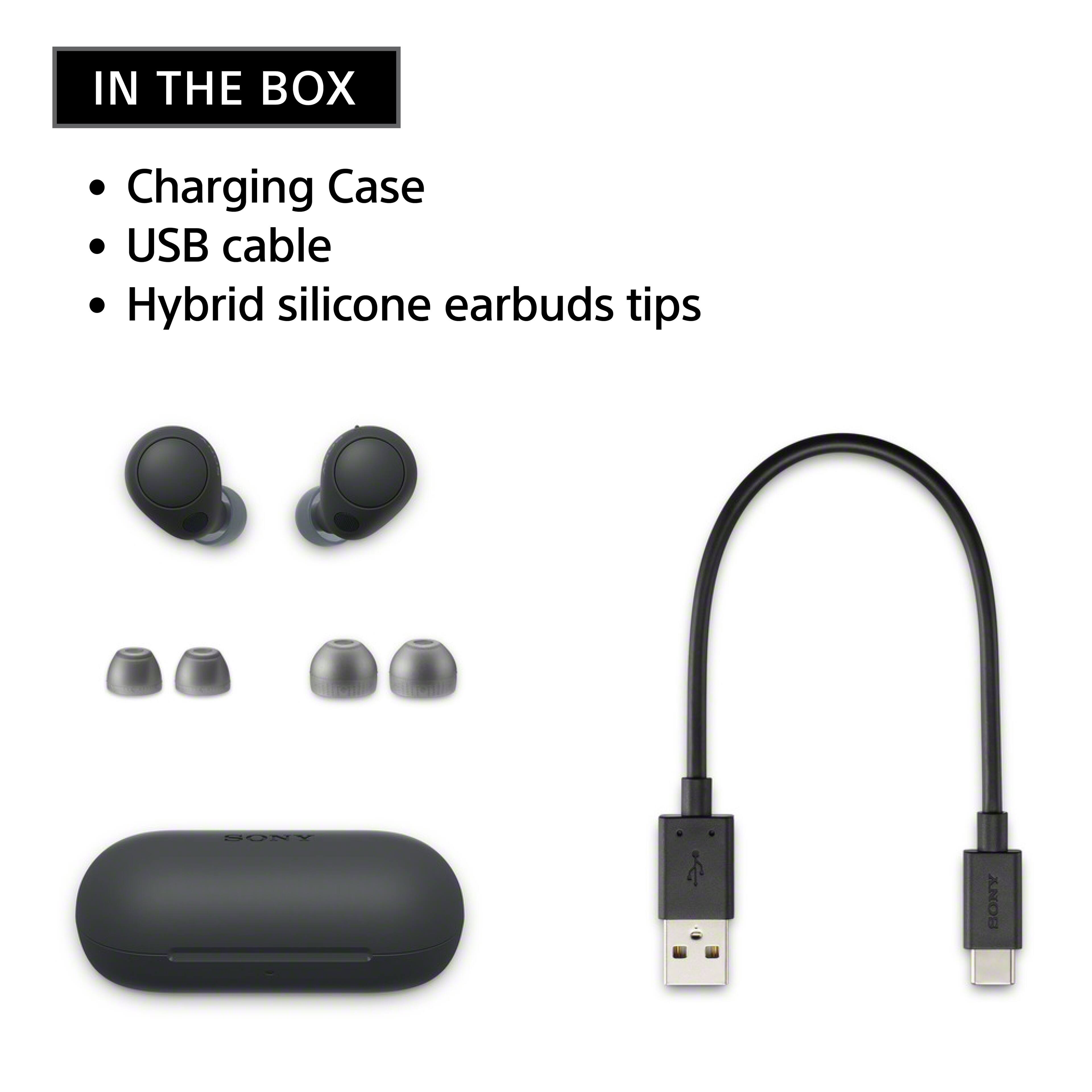 In the box, you will find a charging case, a USB cable, hybrid silicone earbuds, and tips.