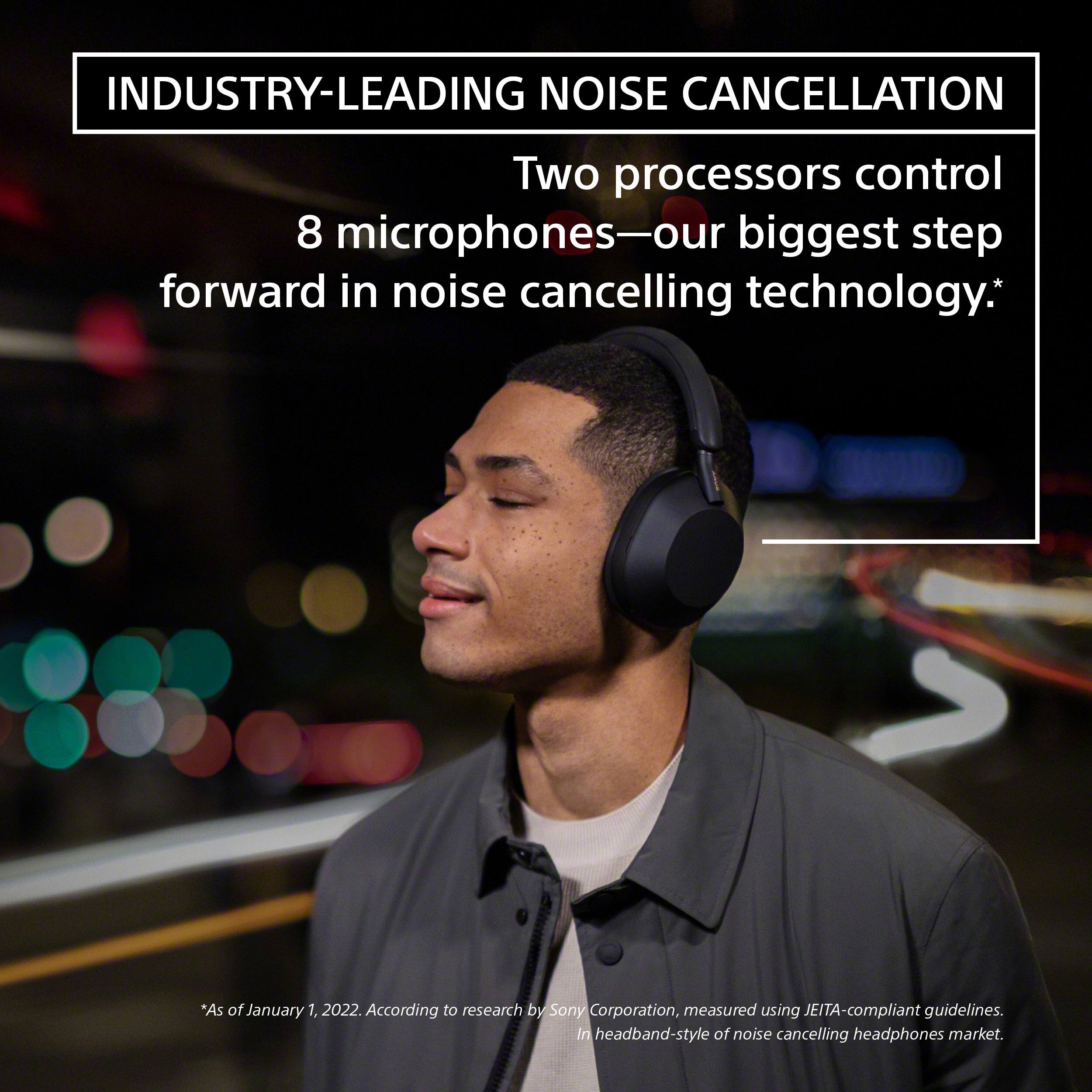 INDUSTRY-LEADING NOISE CANCELLATION Two processors control 8 microphones-our biggest step forward in noise cancelling technology.* *As of January 7, 2022. According to research by Sony Corporation, measured using JEITA-compliant guidelines. in headband-style noise cancelling headphones market.