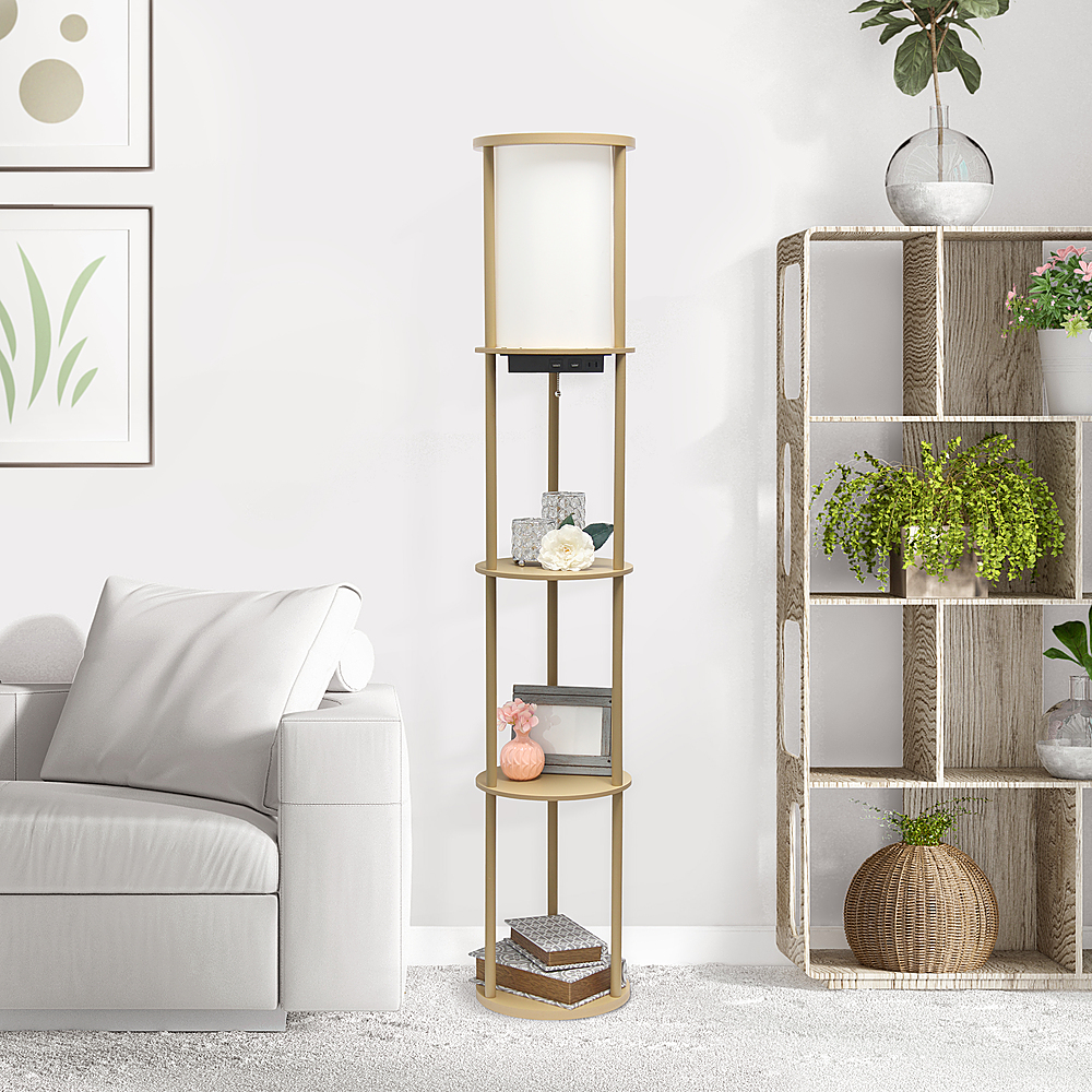 62.5IN Round Modern Shelf Etagere Organizer Storage Floor Lamp with 2 USB Charging Ports, 1 Charging Outlet, Tan | Simple Designs