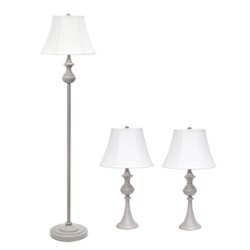Lalia Home 3 Piece Metal Lamp Set with White Empire Fabric Shades - Gray/White Shades - Front_Zoom