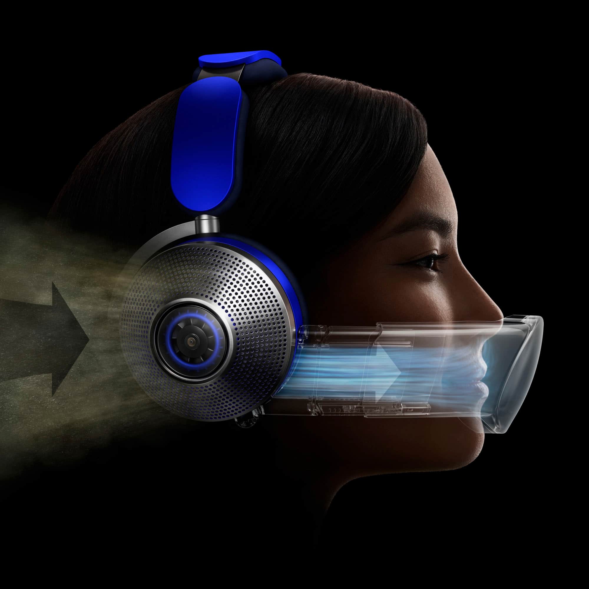 The image features three men wearing headphones, with one man wearing a headset with a microphone attached to his mouth. The headphones are blue and have a visor attached to them. The headphones are designed for comfort and noise cancellation, with touch and voice control options. The headphones also come with an attachable travel visor for added convenience.