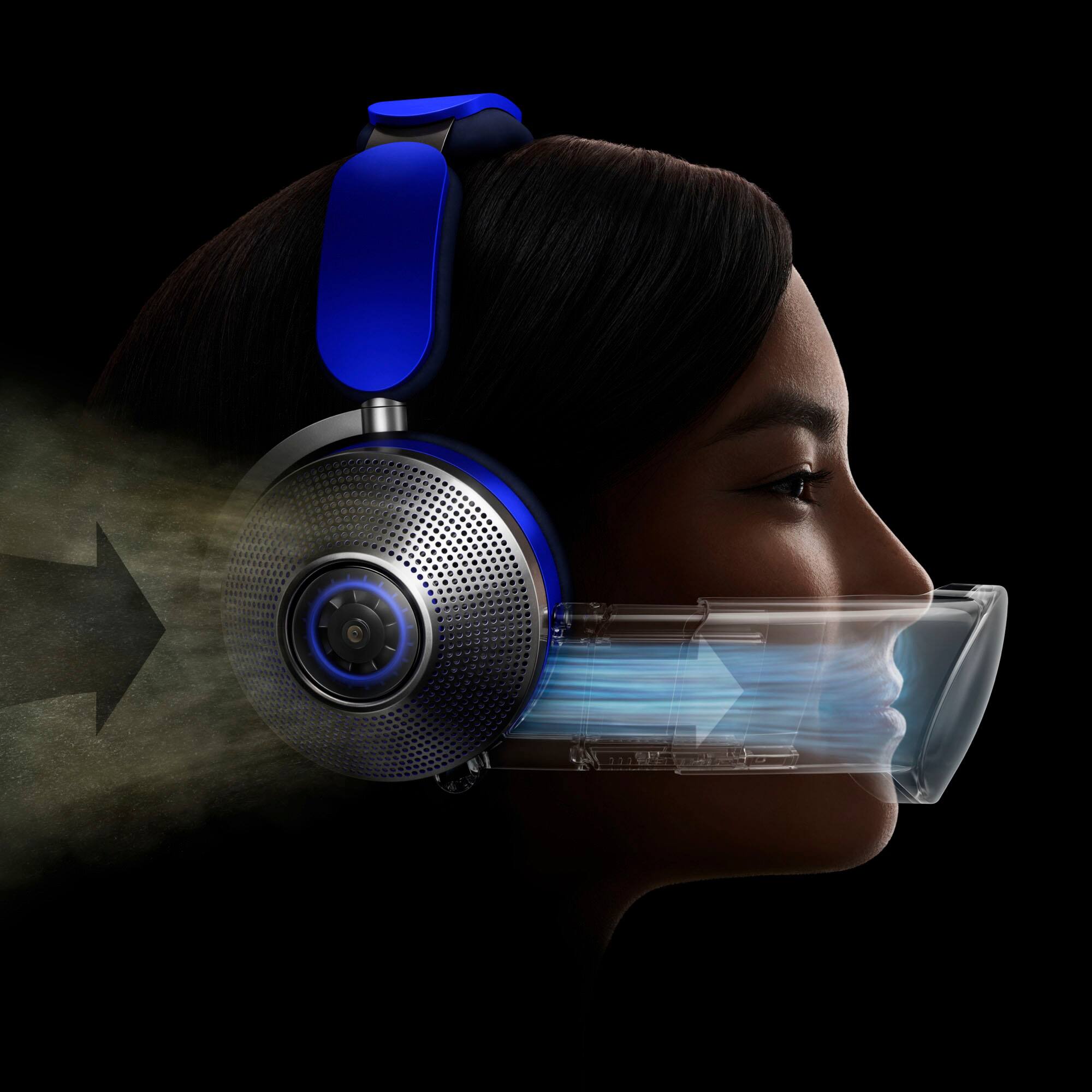 The image features three men wearing headphones, with one man wearing a headset with a microphone attached to his mouth. The headphones are blue and have a visor attached to them. The headphones are designed for comfort and noise cancellation, with touch and voice control options. The headphones also come with an attachable travel visor for added convenience.