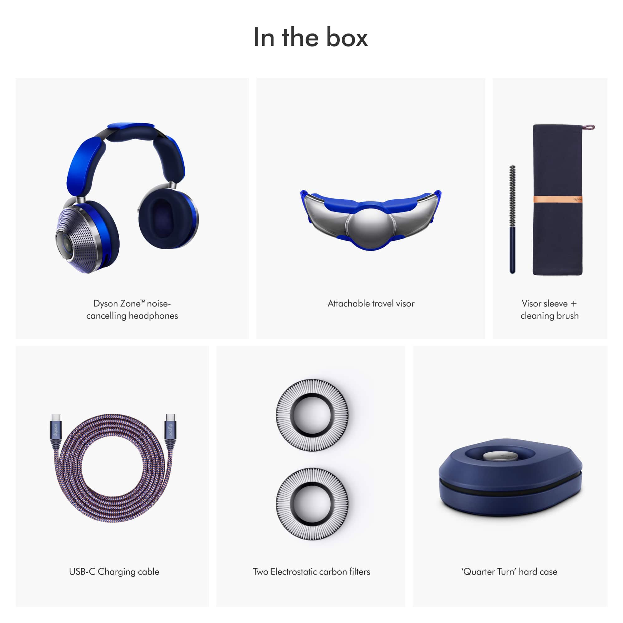 In the box, you'll find Dyson Zone noise-cancelling headphones, an attachable travel visor, a visor sleeve, a cleaning brush, a USB-C charging cable, two electrostatic carbon filters, and a quarter-turn hard case.