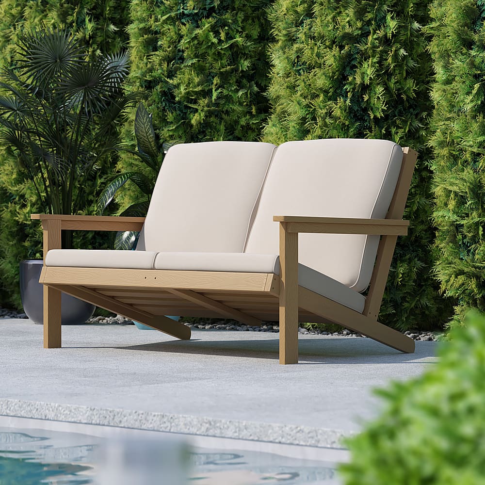 Alt View 12. Alamont Home - Charlestown All-Weather Poly Resin Adirondack Loveseat & Cushions - Natural Cedar/Cream.