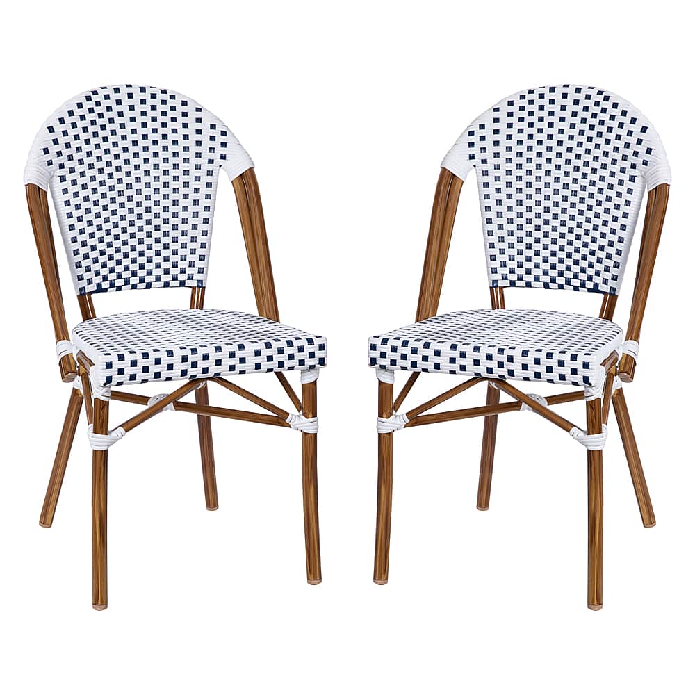 Alamont Home - Lourdes 2 Pack All-Weather Commercial Paris Chairs with Bamboo Print Frame - White & Navy/Natural Frame - Front_Zoom