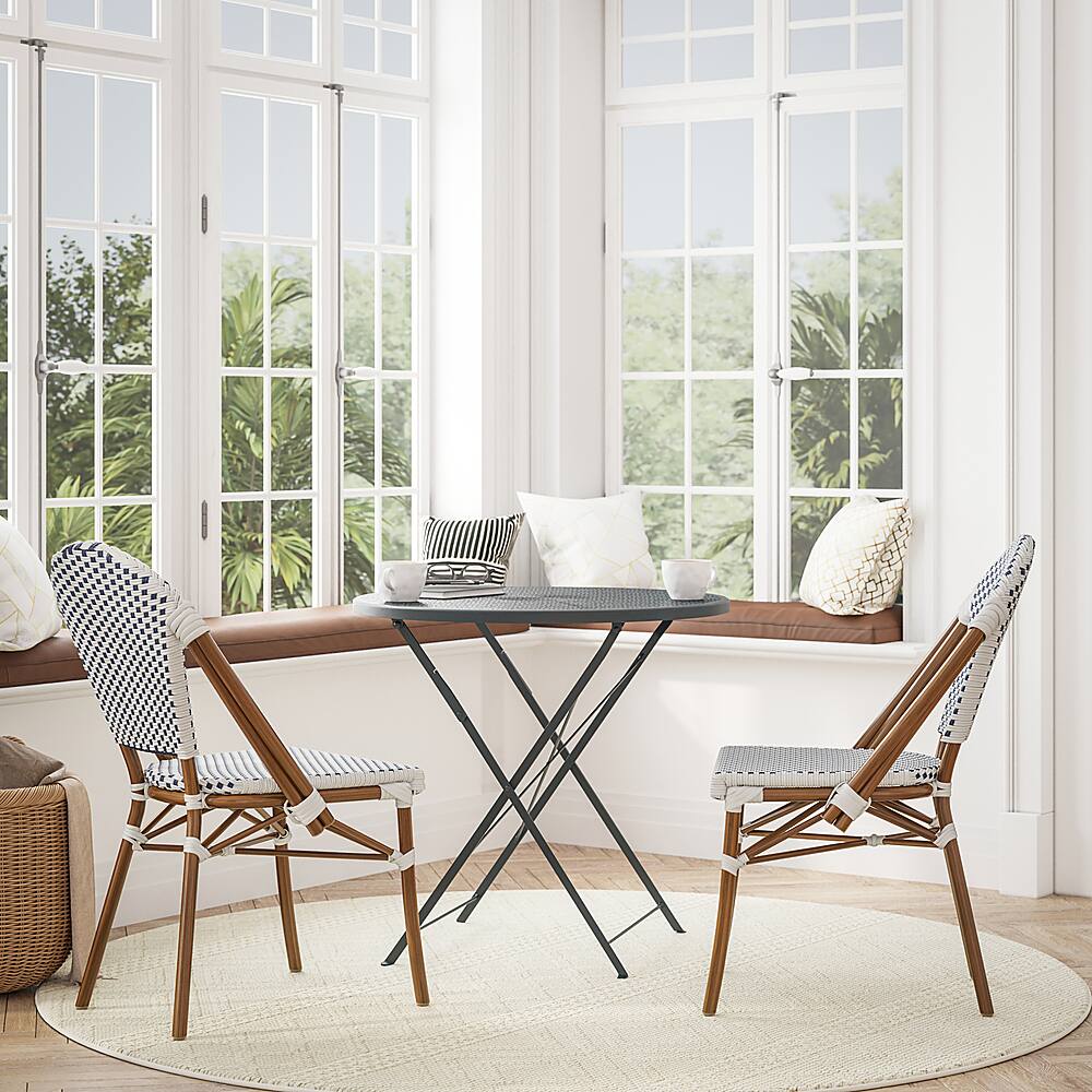 Alt View 12. Alamont Home - Lourdes 2 Pack All-Weather Commercial Paris Chairs with Bamboo Print Frame - White & Navy/Natural Frame.