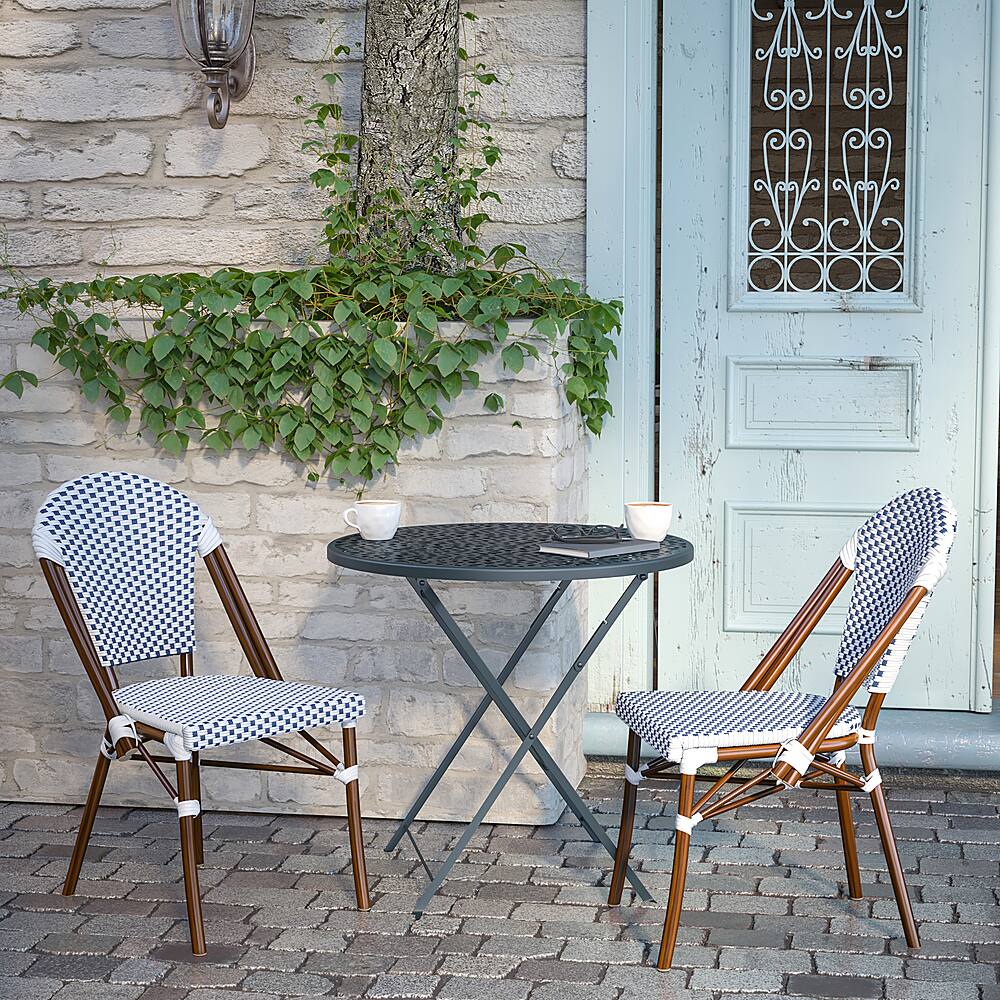 Alt View 14. Alamont Home - Lourdes 2 Pack All-Weather Commercial Paris Chairs with Bamboo Print Frame - White & Navy/Natural Frame.