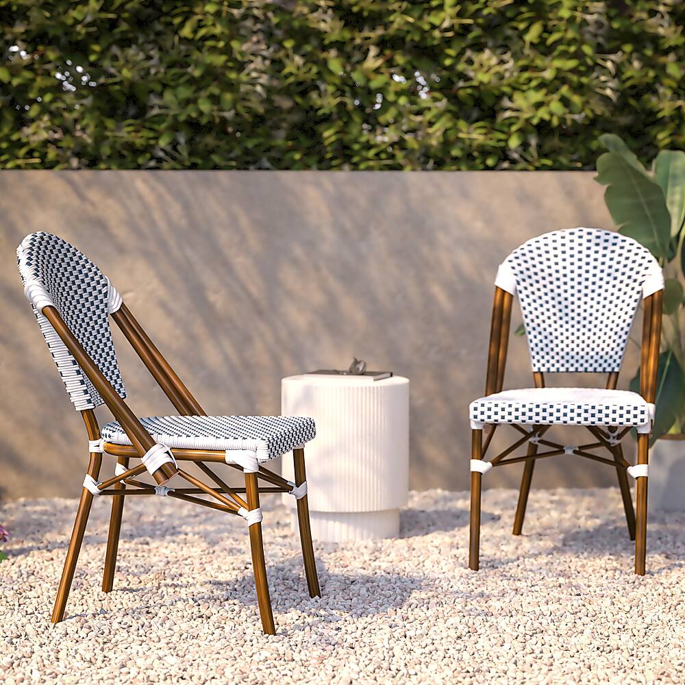Alt View 15. Alamont Home - Lourdes 2 Pack All-Weather Commercial Paris Chairs with Bamboo Print Frame - White & Navy/Natural Frame.