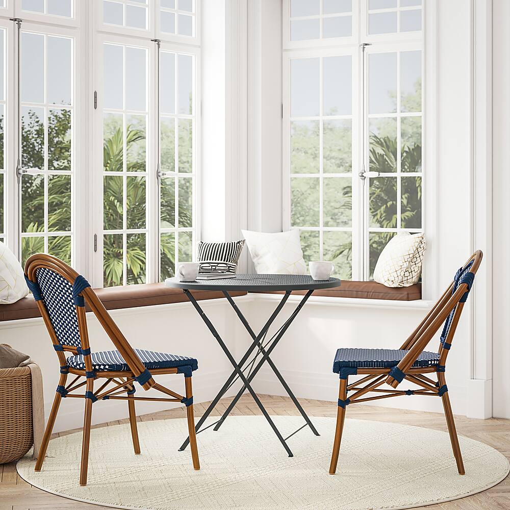 Alt View 12. Alamont Home - Bordeaux All-Weather Commercial Paris Chair with Bamboo Print Aluminum Frame - Navy & White/Natural Frame.