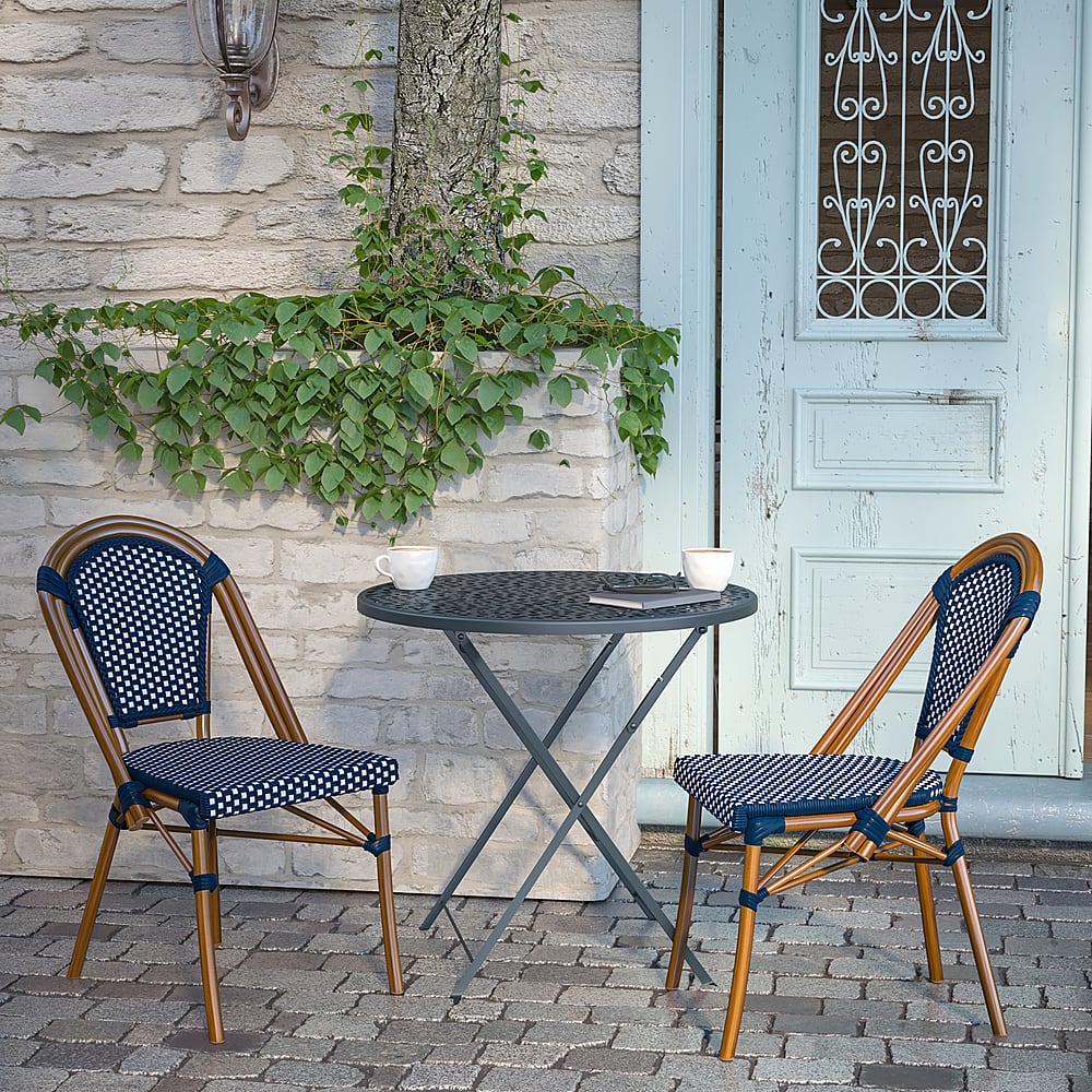 Alt View 14. Alamont Home - Bordeaux All-Weather Commercial Paris Chair with Bamboo Print Aluminum Frame - Navy & White/Natural Frame.