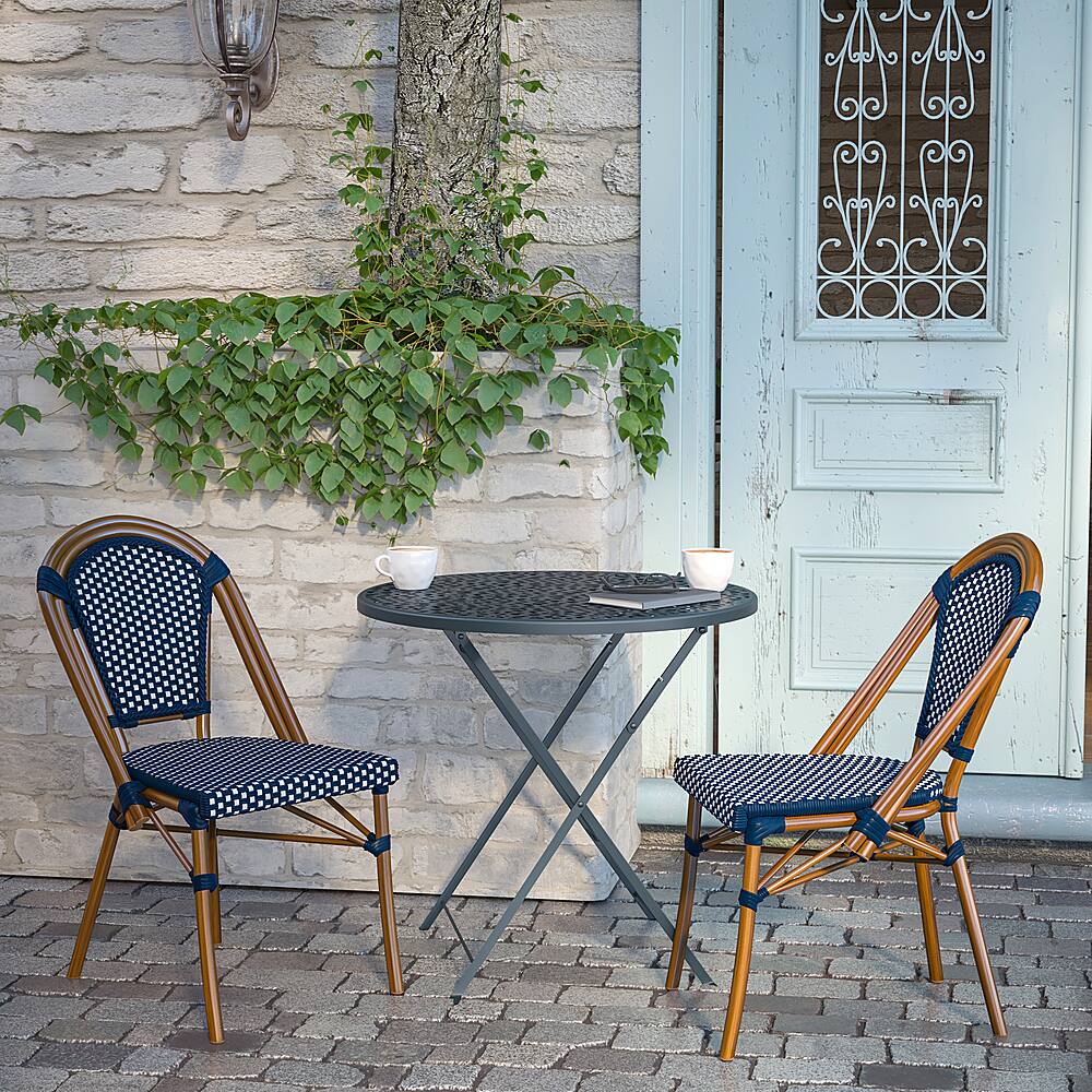 Alt View 14. Alamont Home - Bordeaux 2 Pack All-Weather Commercial Paris Chairs with Bamboo Print Frame - Navy & White/Natural Frame.