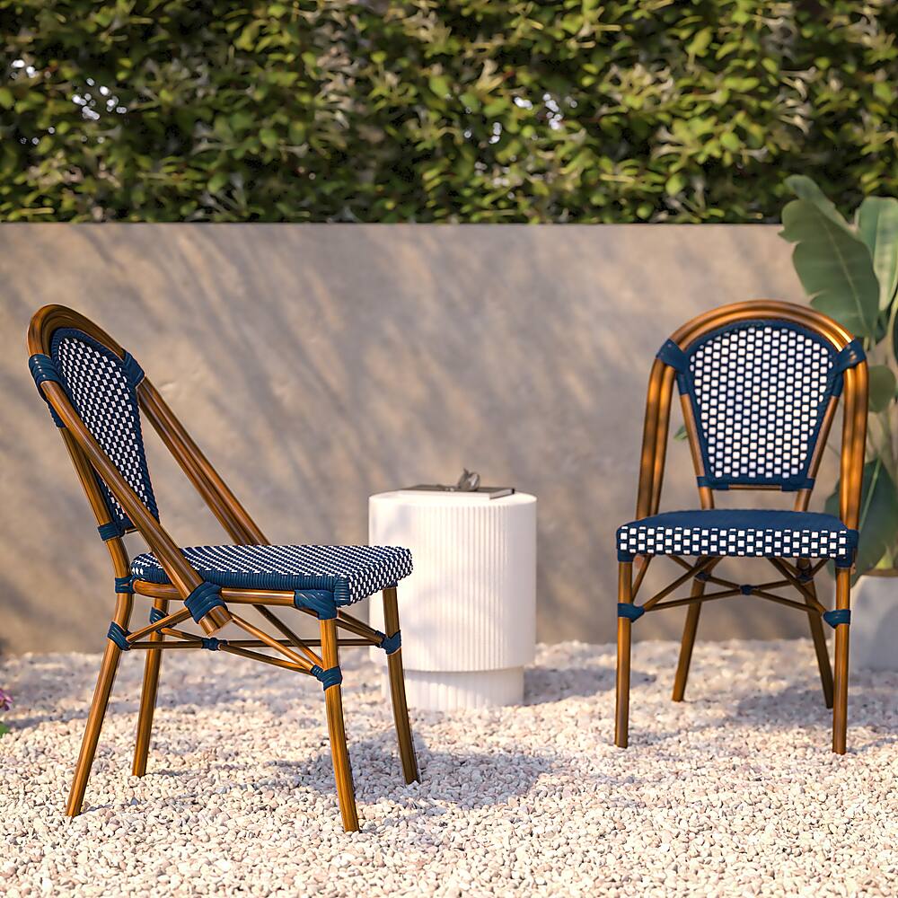 Alt View 15. Alamont Home - Bordeaux 2 Pack All-Weather Commercial Paris Chairs with Bamboo Print Frame - Navy & White/Natural Frame.