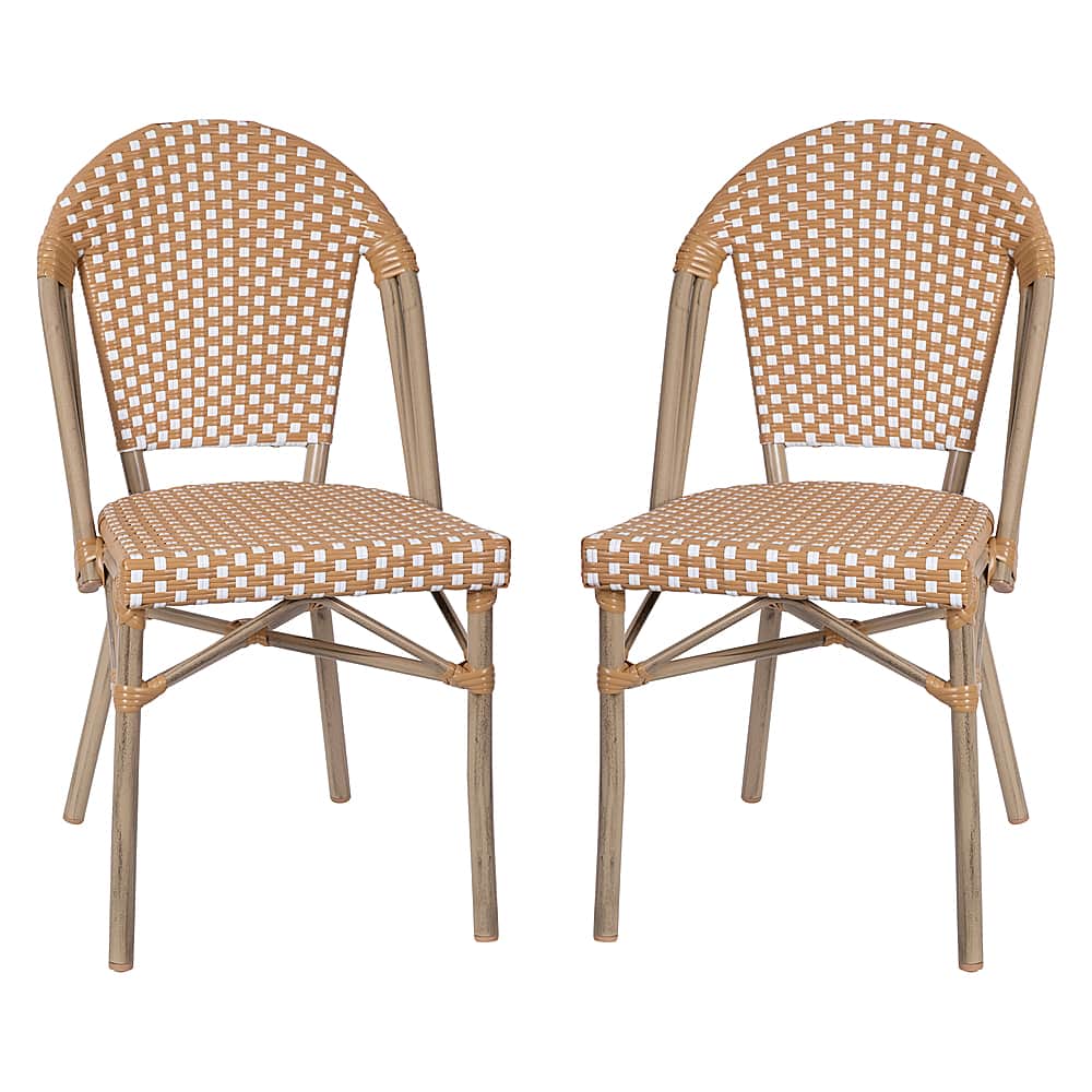 Alamont Home - Lourdes 2 Pack All-Weather Commercial Paris Chairs with Bamboo Print Frame - Natural & White/Light Natural Frame - Front_Zoom