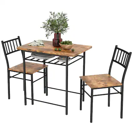 Front. Homcom - 3-Piece Dining Table Set for 2, Small Kitchen Table and Chairs with Built-in Storage Rack and Steel Frame - Rustic Brown.