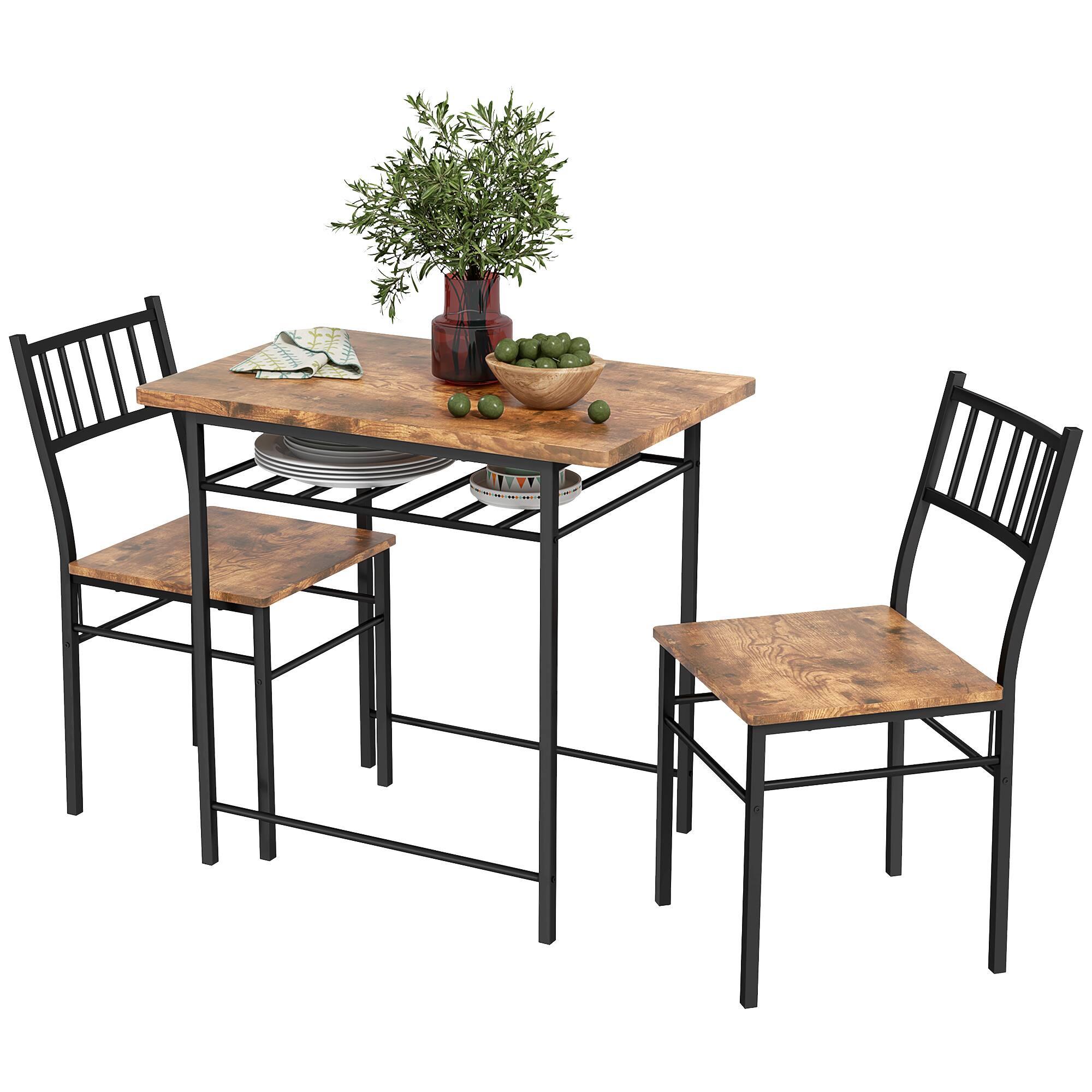 Front. Homcom - 3-Piece Dining Table Set for 2, Small Kitchen Table and Chairs with Built-in Storage Rack and Steel Frame - Rustic Brown.