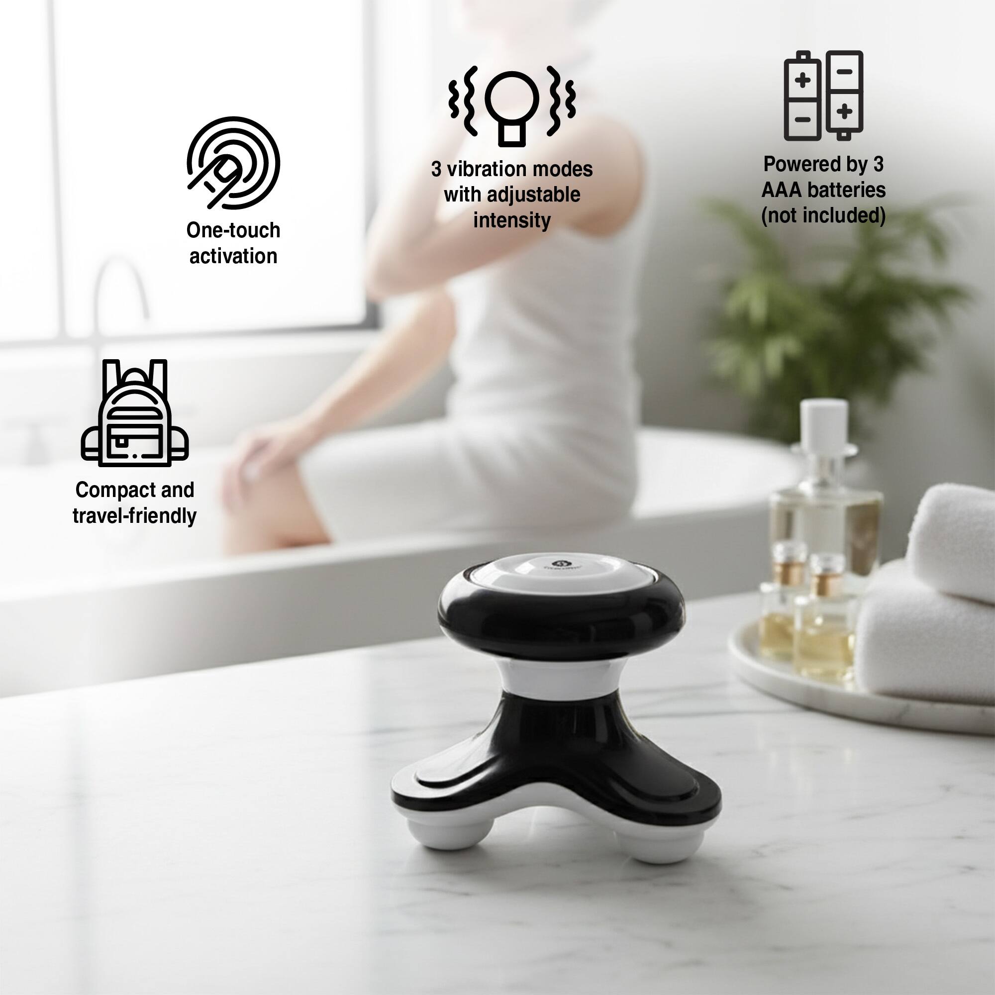 - One-touch activation
- 3 vibration modes with adjustable intensity
- Powered by 3 AAA batteries (not included)
- Compact and travel-friendly