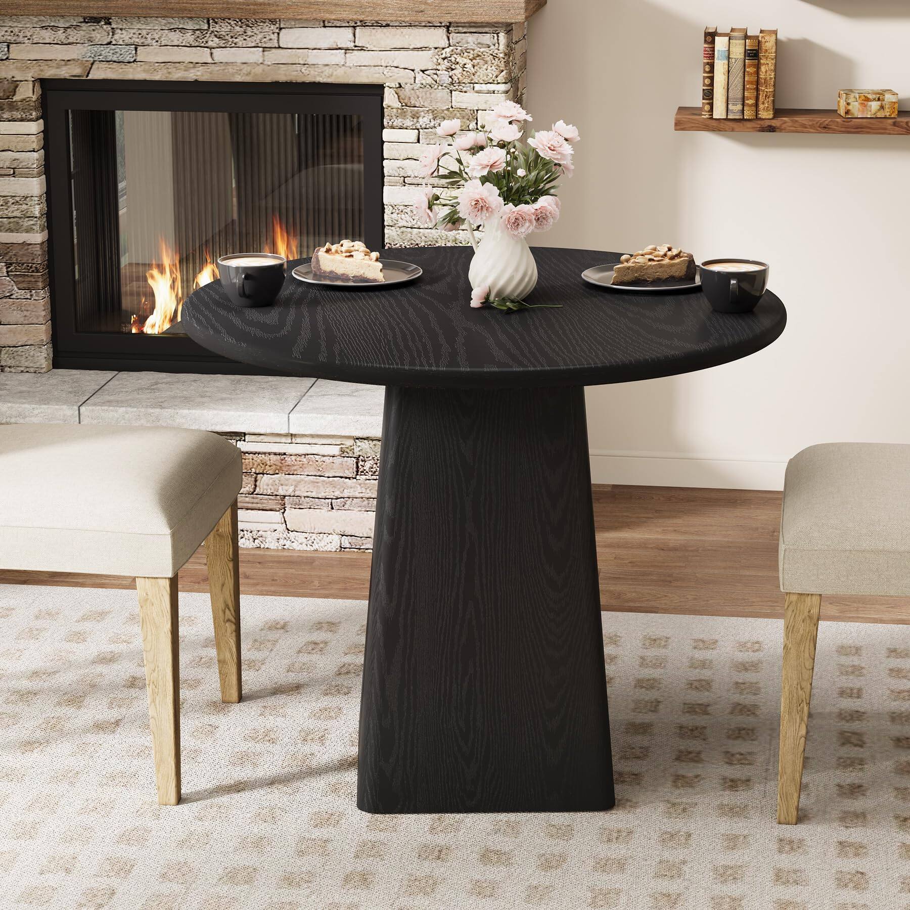 Alt View 3. Tribesigns - 31.5-Inch Round Dining Room Table for 2-4, Farmhouse Small Kitchen Dinner Table with Square Base for Dining Room Living - Black.
