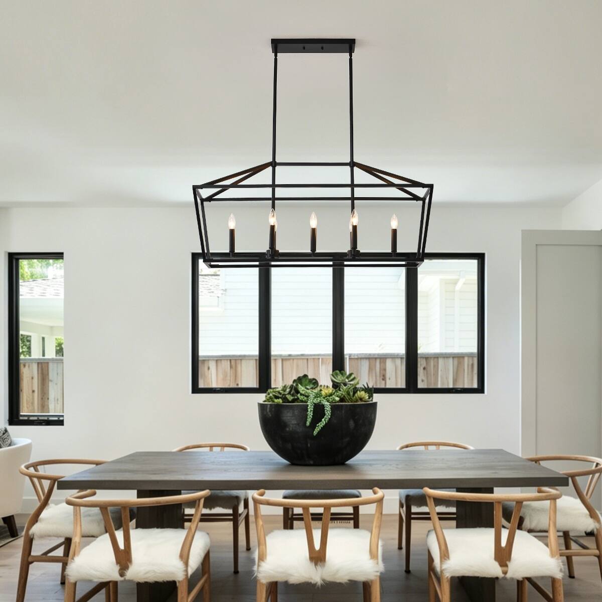 Alt View 3. Loheer - Loheer Farmhouse Kitchen Island Lighting, Matte Black Five Light Linear Chandelier for Dining Room.