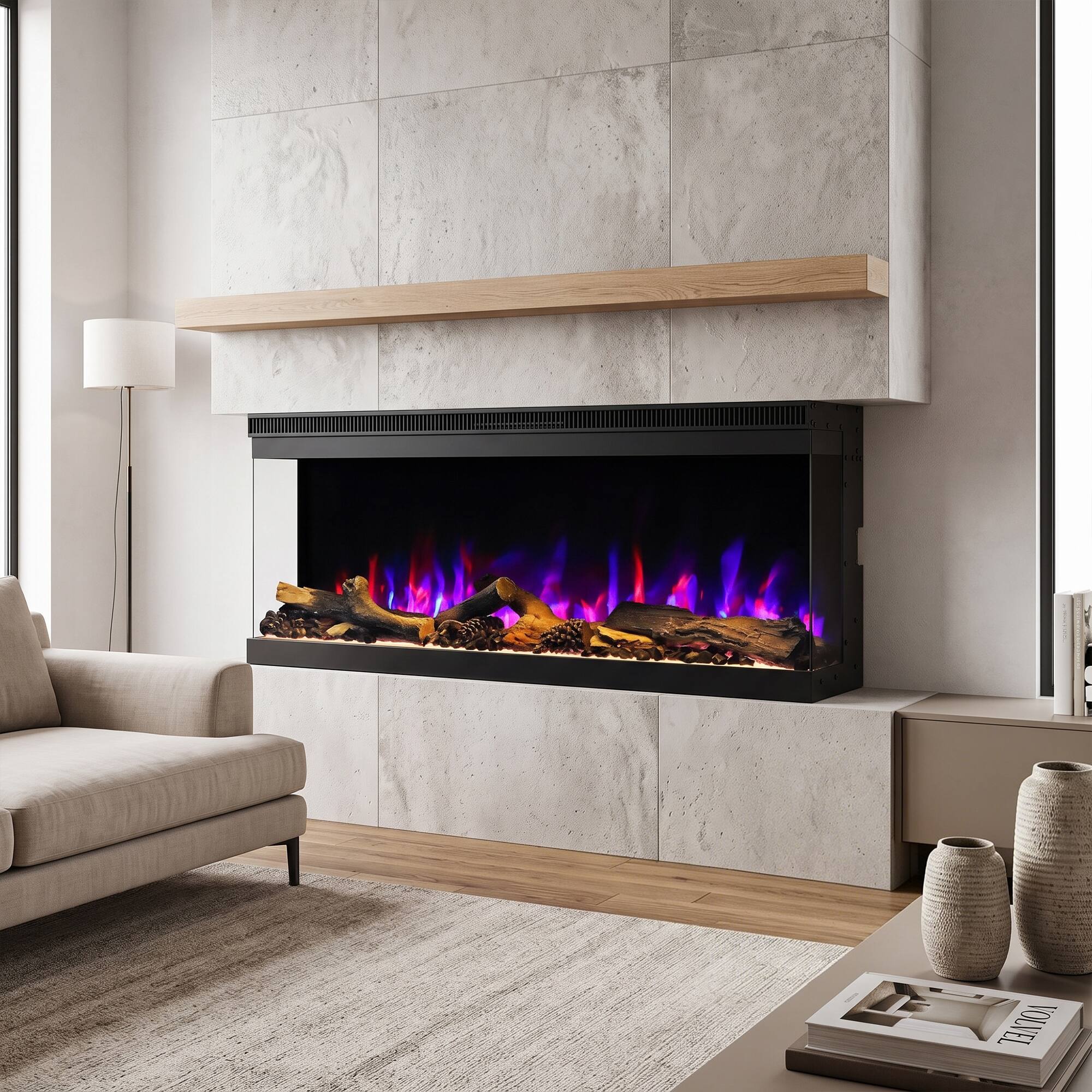 Left. Ihomeadore - 60 Inch Smart Electric Fireplace, 1500W Recessed or Wall Mounted Fireplace with Voice and App Control, 14 Flame Colors - Black.