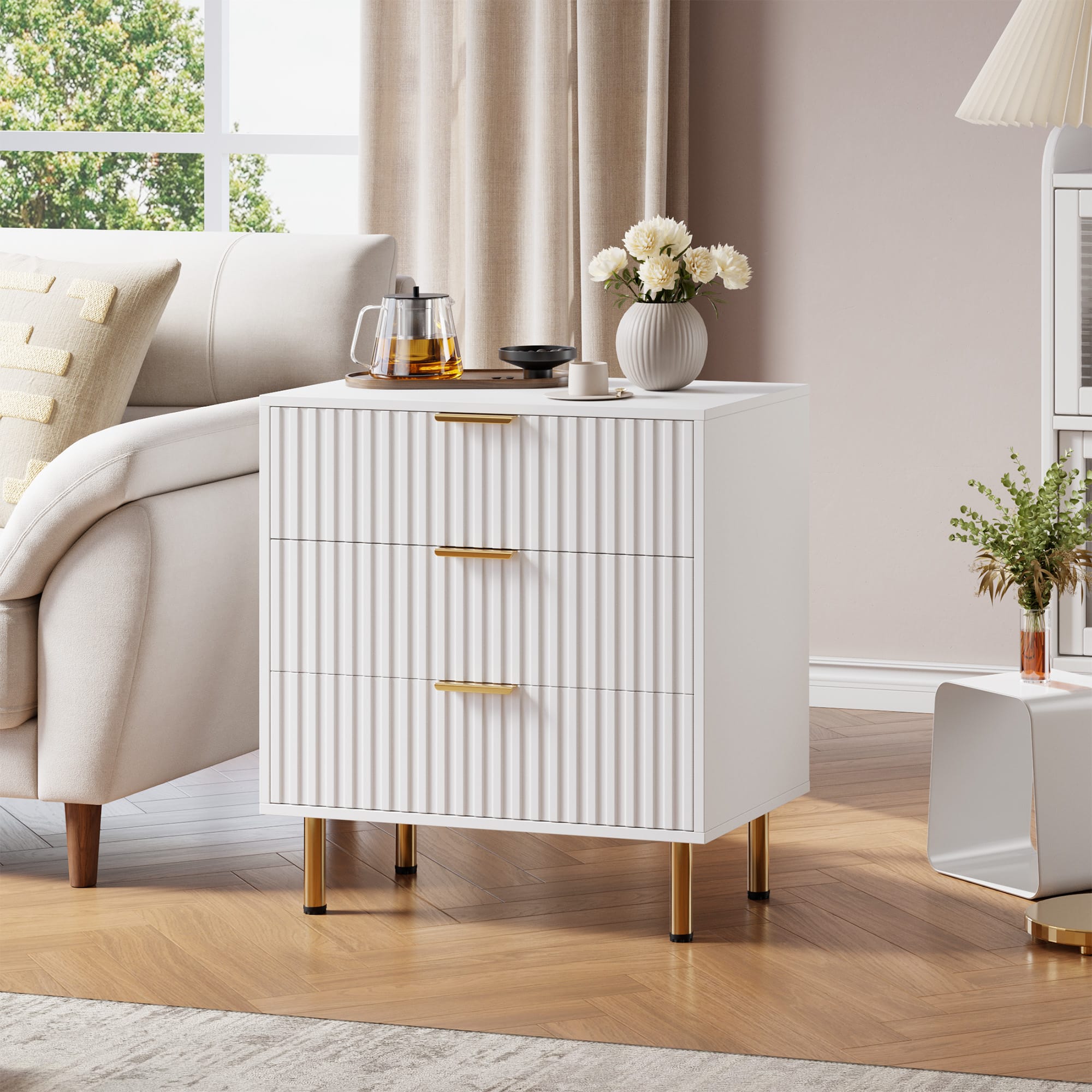Homhougo - Dresser for Bedroom, Fluted 3 Drawer Wood Dresser with Golden Handles - White