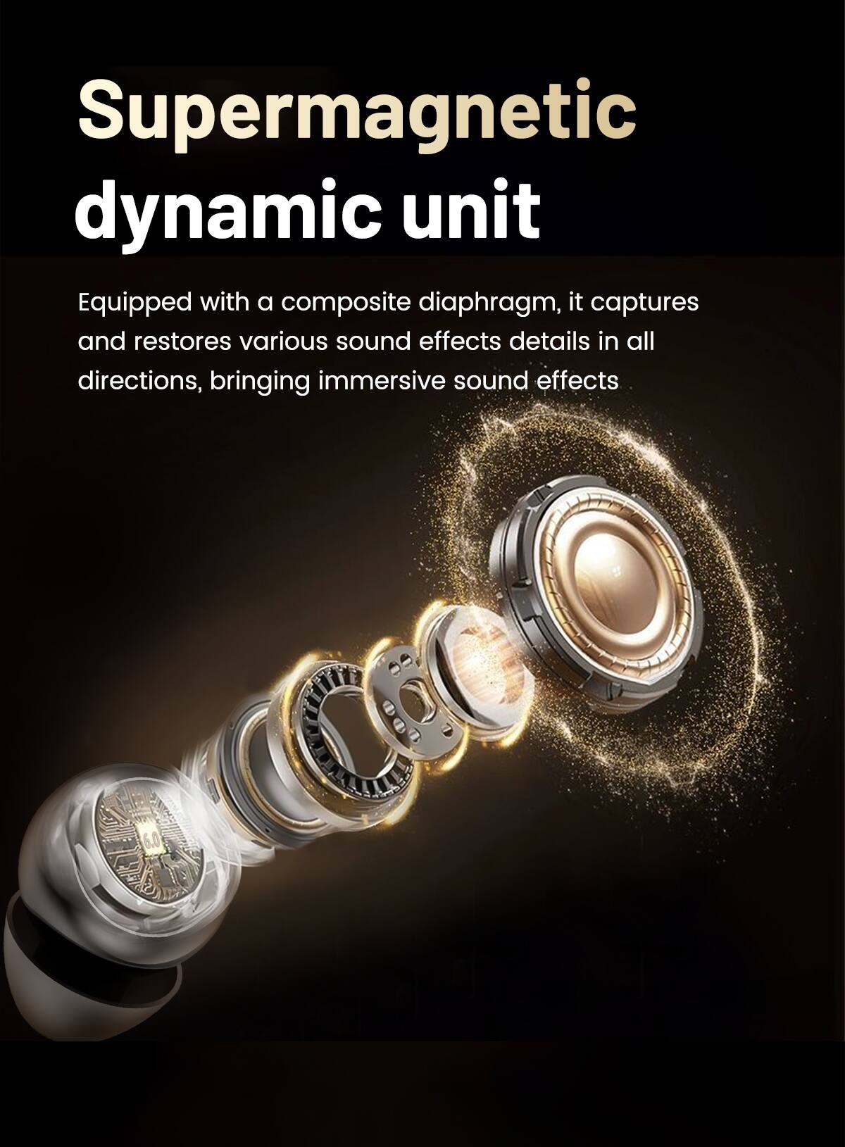 Supermagnetic dynamic unit  
Equipped with a composite diaphragm, it captures and restores various sound effects details in all directions, bringing immersive sound effects