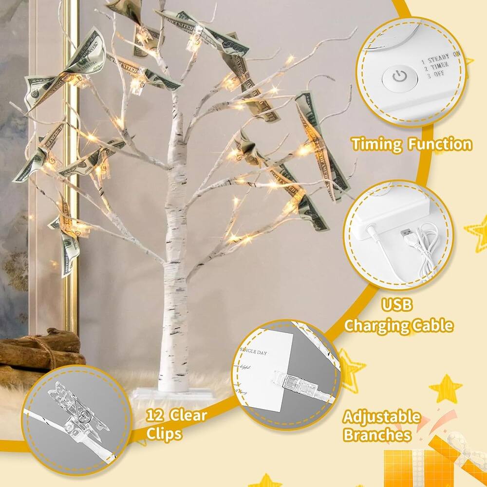 - Timing Function: 1. Steady, 2. Timer, 3. Off
- USB Charging Cable
- 12 Clear Clips
- Adjustable Branches