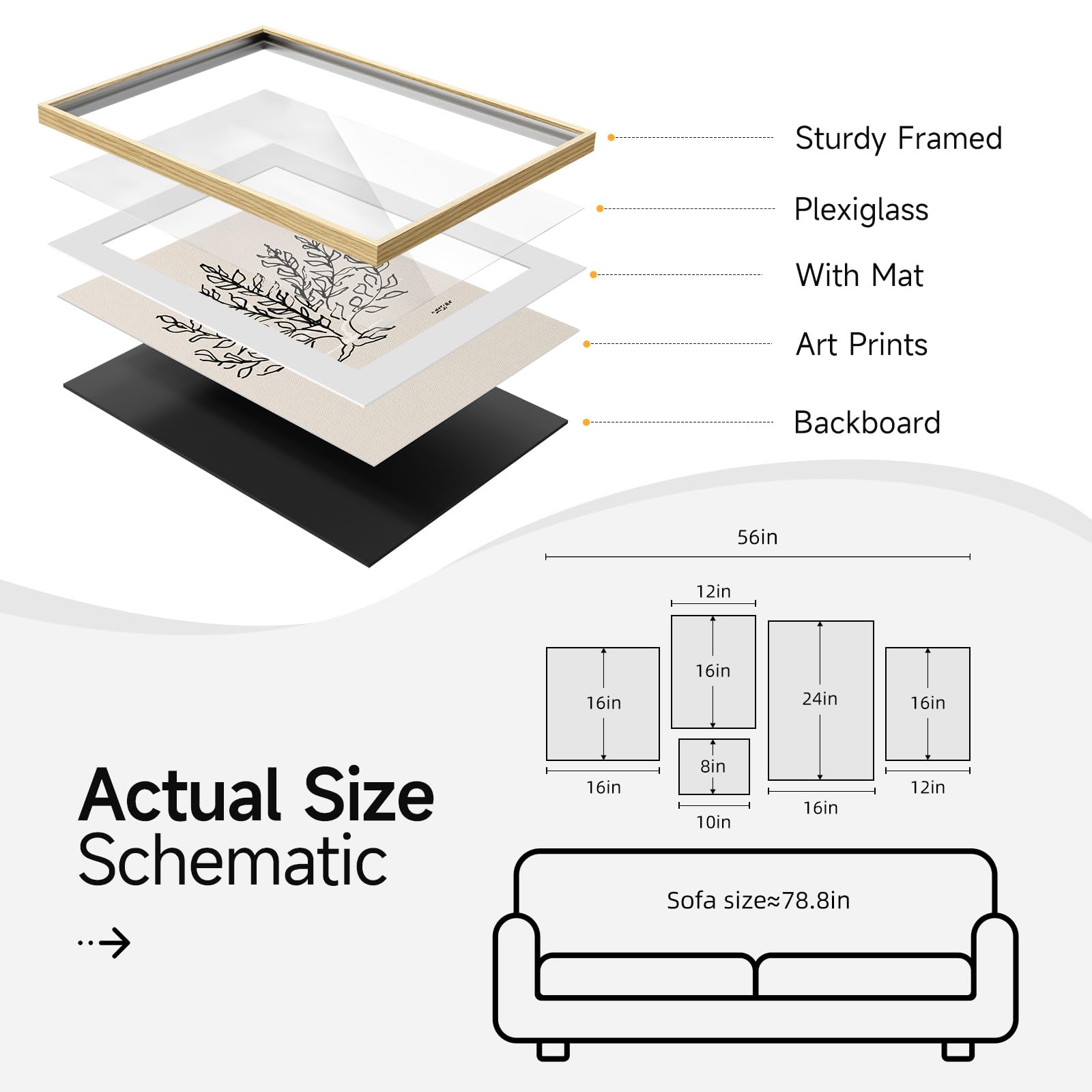 Sturdy Framed Plexiglass With Mat Art Prints Backboard

Actual Size Schematic

56in

12in 16in 16in 24in 16in 8in 16in 10in 16in 12in

Sofa size~78.8in