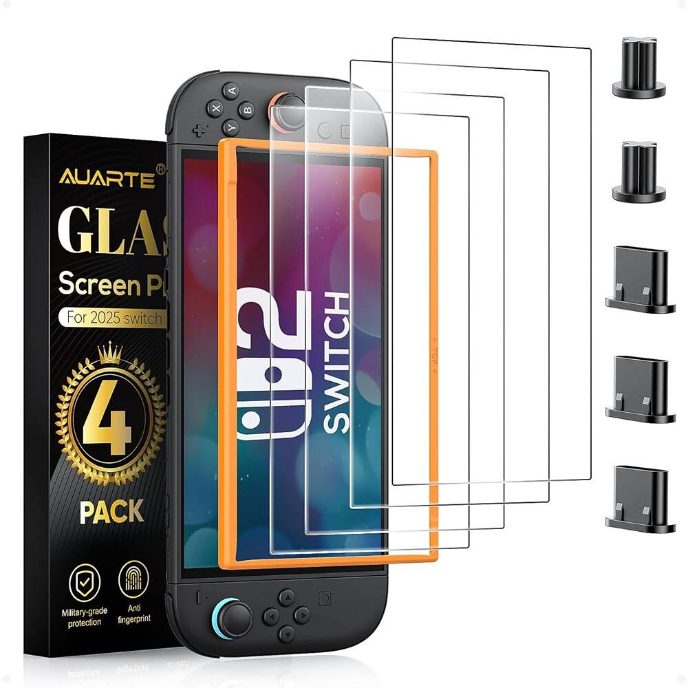 PARKER SLATER - 4 Pack Screen Protector with 5 Dust Plugs for Nintendo Switch 2, 2025 Model, HD Clear Tempered Glass 7.9''
